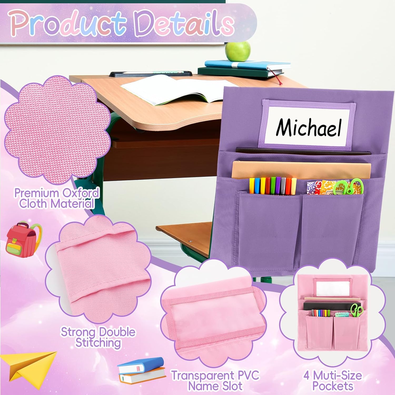 gisgfim 12 Pcs Small Chair Pockets for Classroom 13 x 14 Inch Bag with Name Tag Multi Pockets Chairsback Pouch Organizer for Student Kindergarten Elementary Daycare (Pastel Pink) image 3
