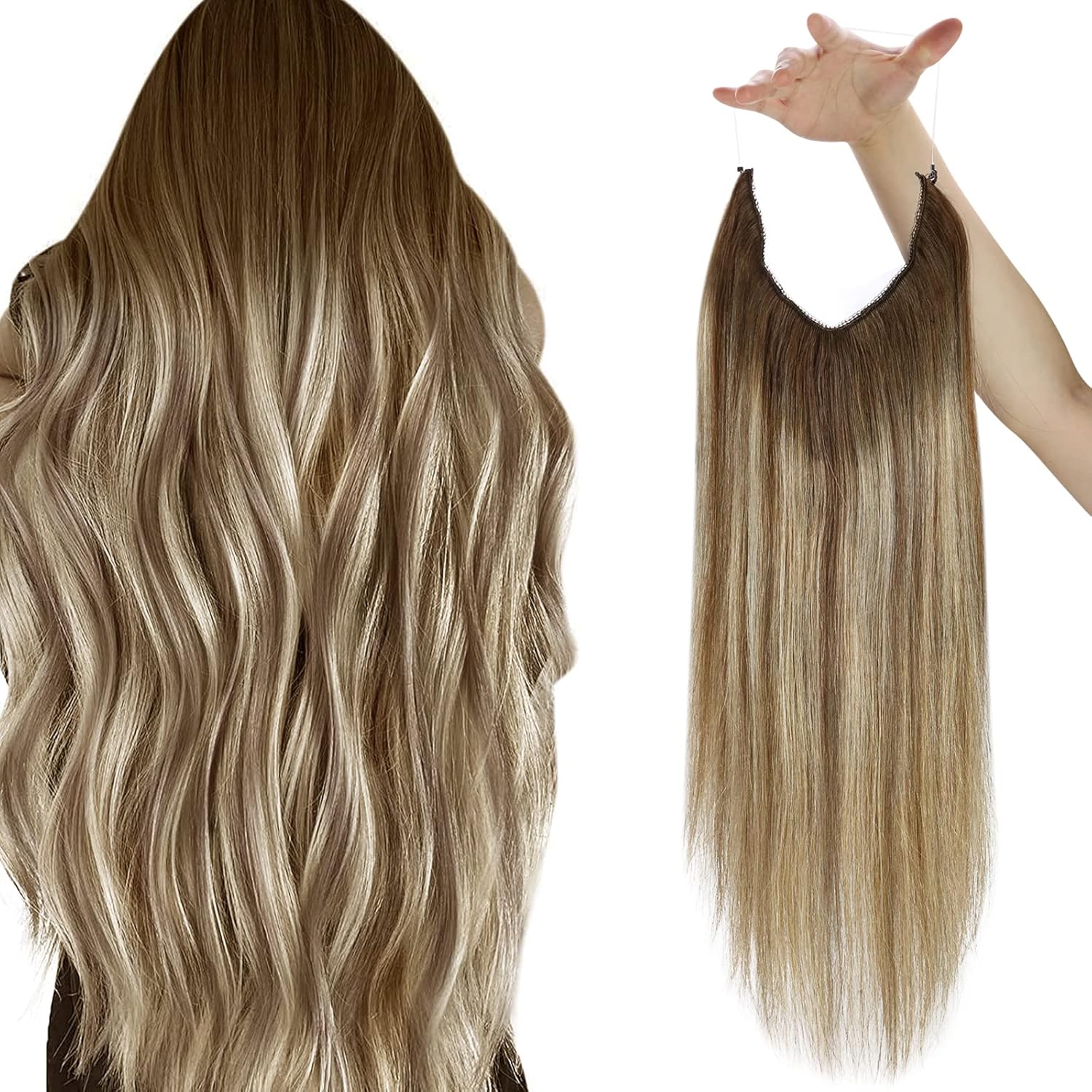 Sunny Invisible Wire Hair Extensions Balayage Medium Brown Mix Platinum