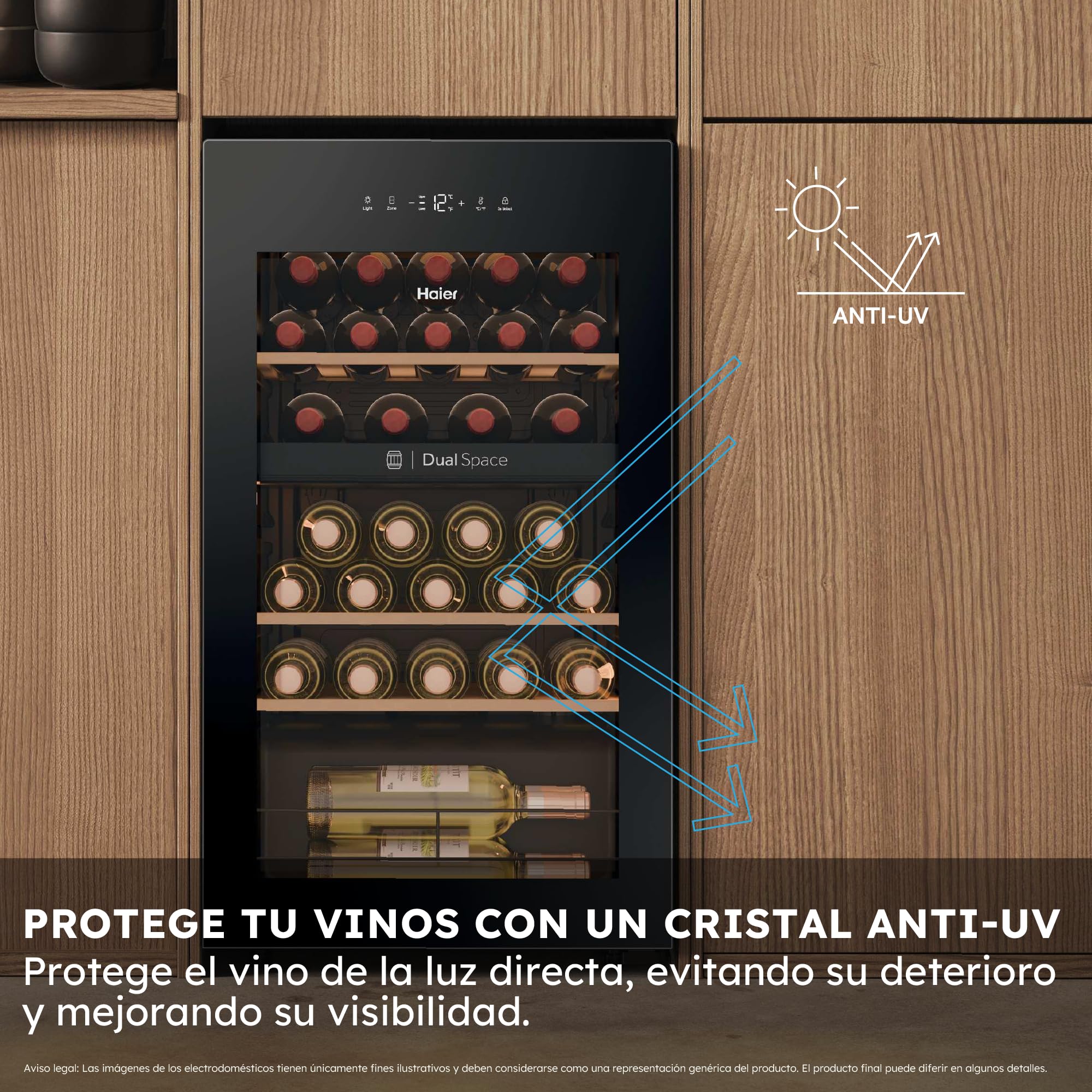 Haier Wine Bank 50 Series 5 HWS32GDG Vinoteca de 32 botellas, 2 Zonas independientes, Estantes de madera, Filtro Anti-UV, Sistema Antivibración, Display Digital, Iluminación LED, 37 dbA, Negra — view 7