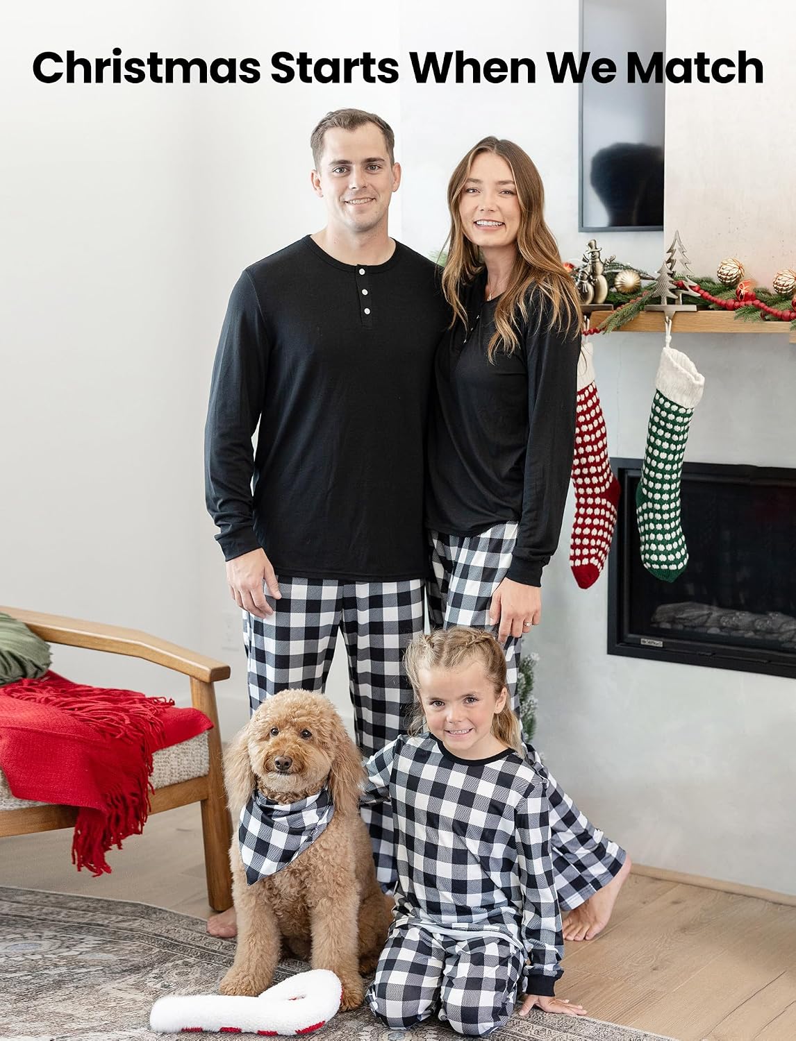 PATPAT Family Christmas Pajamas Matching Sets with Socks Black and White Plaid Pajamas Pants for Boys & Girls Long Sleeve Holiday Jammies, Black Buffalo Plaid, Kids 6-7 Years