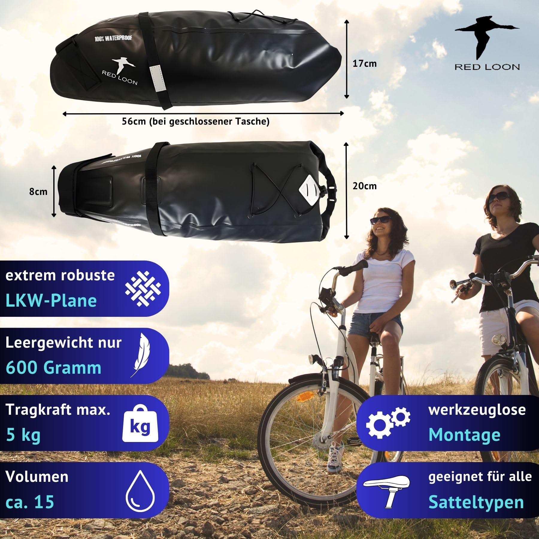 Red Loon Sacoche de selle de vélo Backloader Bike Packing - Noir - 15 l - Imperméable et indéchirable - Fermeture à roulettes - Sacoche de vélo en bâche de camion