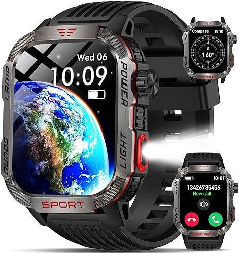 2025 Military Smart Watches for Men - Compass & Flashlight - 2.01'' HD IP68 Waterproof Smart Watch, Fitness Tracker with Call, Heart Rate, Sleep
