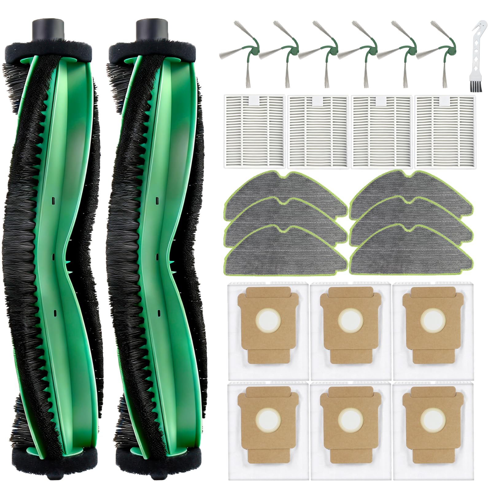 Confezione da 25 pezzi di ricambio compatibili con iRobot Roomba 115 Combo / 115 Combo+ Robot aspirapolvere, 2 spazzole a rullo, 4 filtri, 6 panni per mocio, 6 sacchetti per la polvere, 6