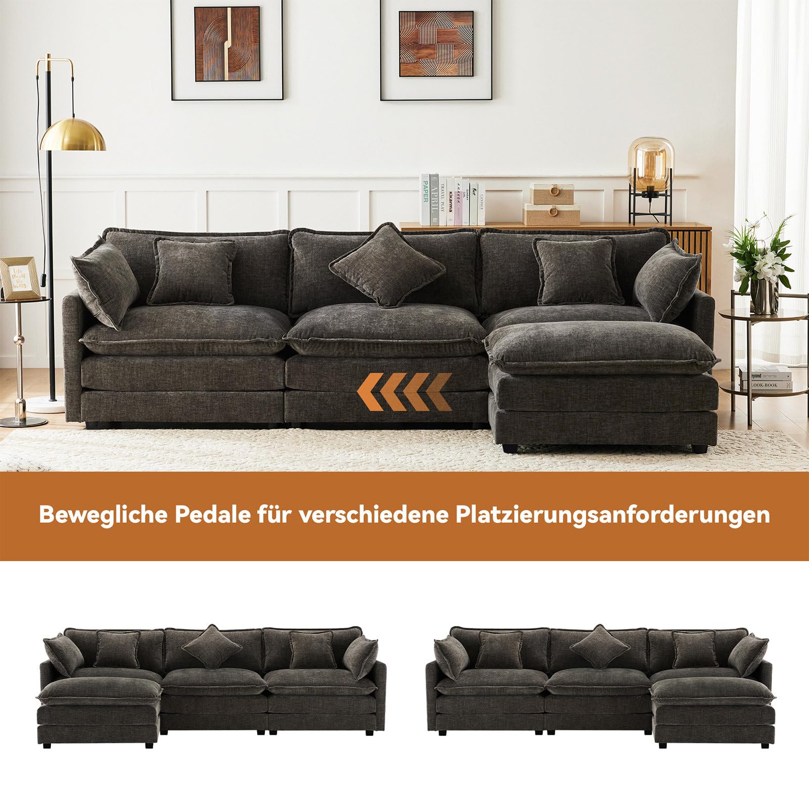 Billg Divano Angolare Componibile, Divano Letto 3 Posti a Forma di L, Tessuto di Ciniglia, 283 x 147 x 84 cm, Grigio