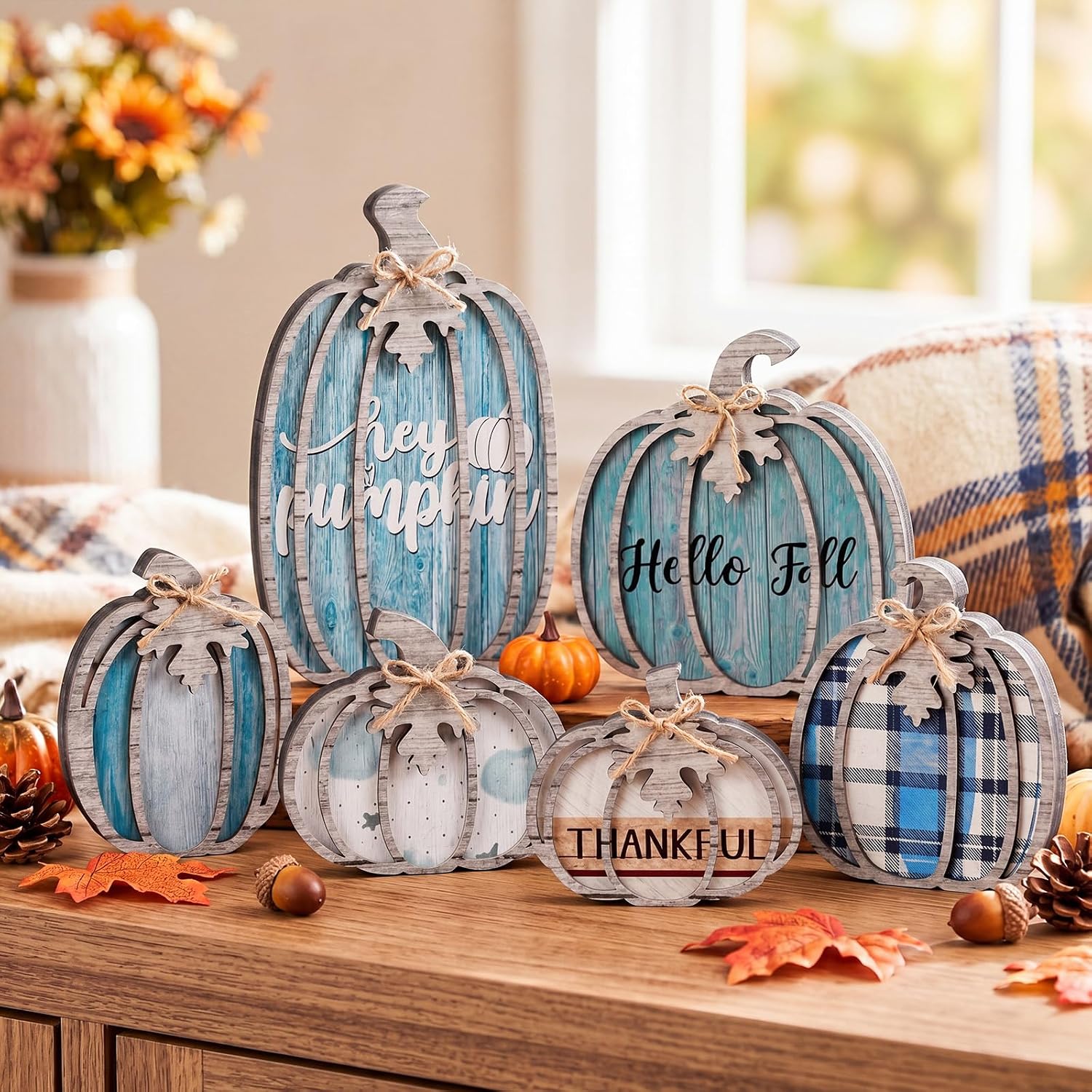 Leinuosen 6 Pcs Blue Fall Pumpkin Decor, Thanksgiving Table Centerpiece