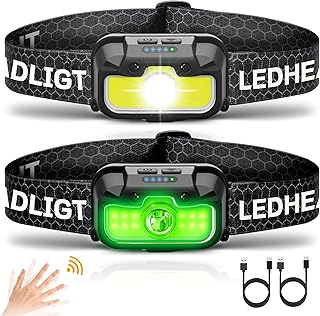 Headlamp Rechargeable, 2 Pack 1300 Lumen Ultra-Light Bright Head Lamp with White Red Green, 14 Modes Adjustable Waterproof Motion Sensor Headlight for Outdoor Camping Running Cycling Hiking