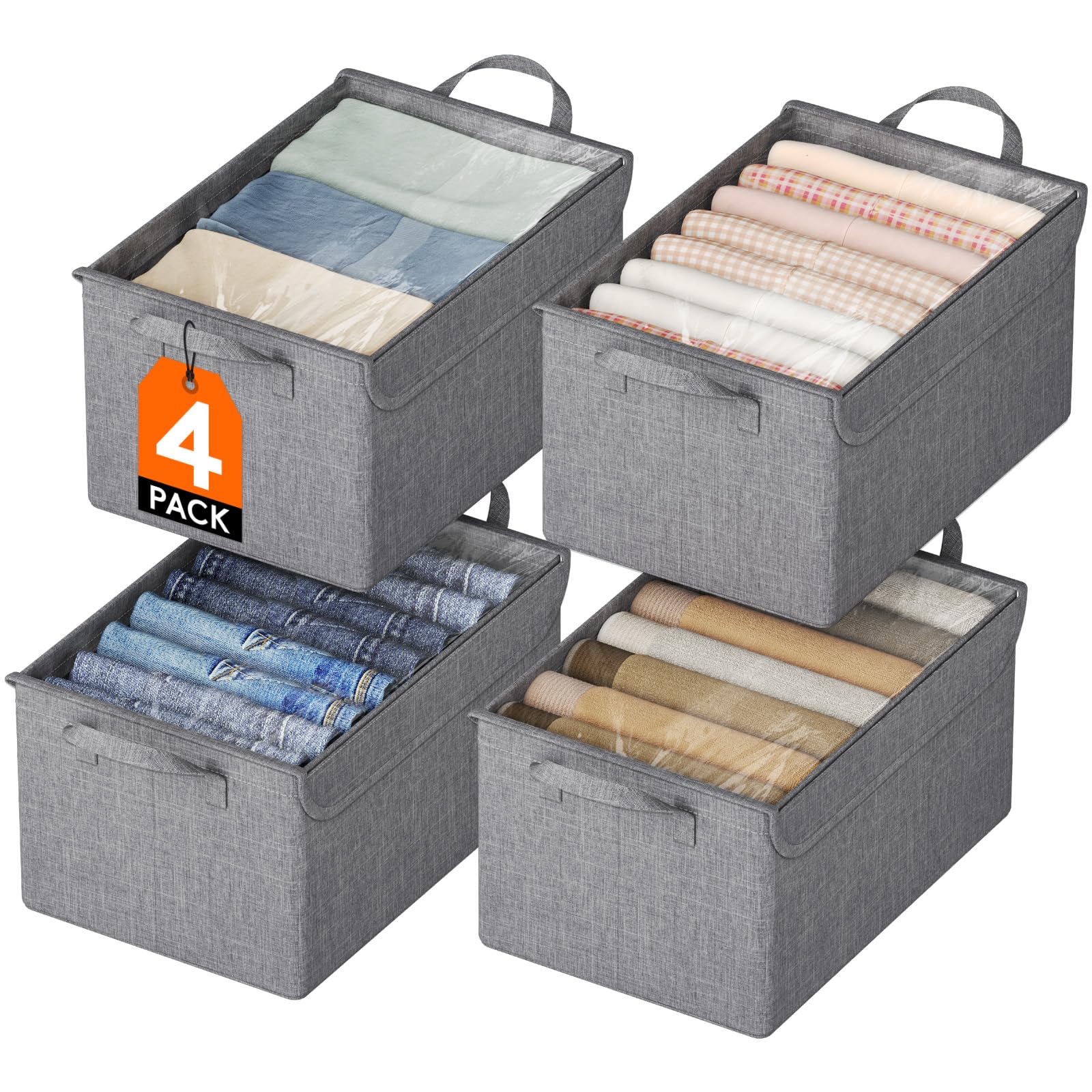 Lifewit Cajas de Almacenamiento de Tapa Transparente, Cesta Almacenaje de Tela Apilable con Asas, Organizador Guardar Ropa de Armario Oxford Catiónico Plegable para Casa, Oficina, Pequeño, 4 Piezas