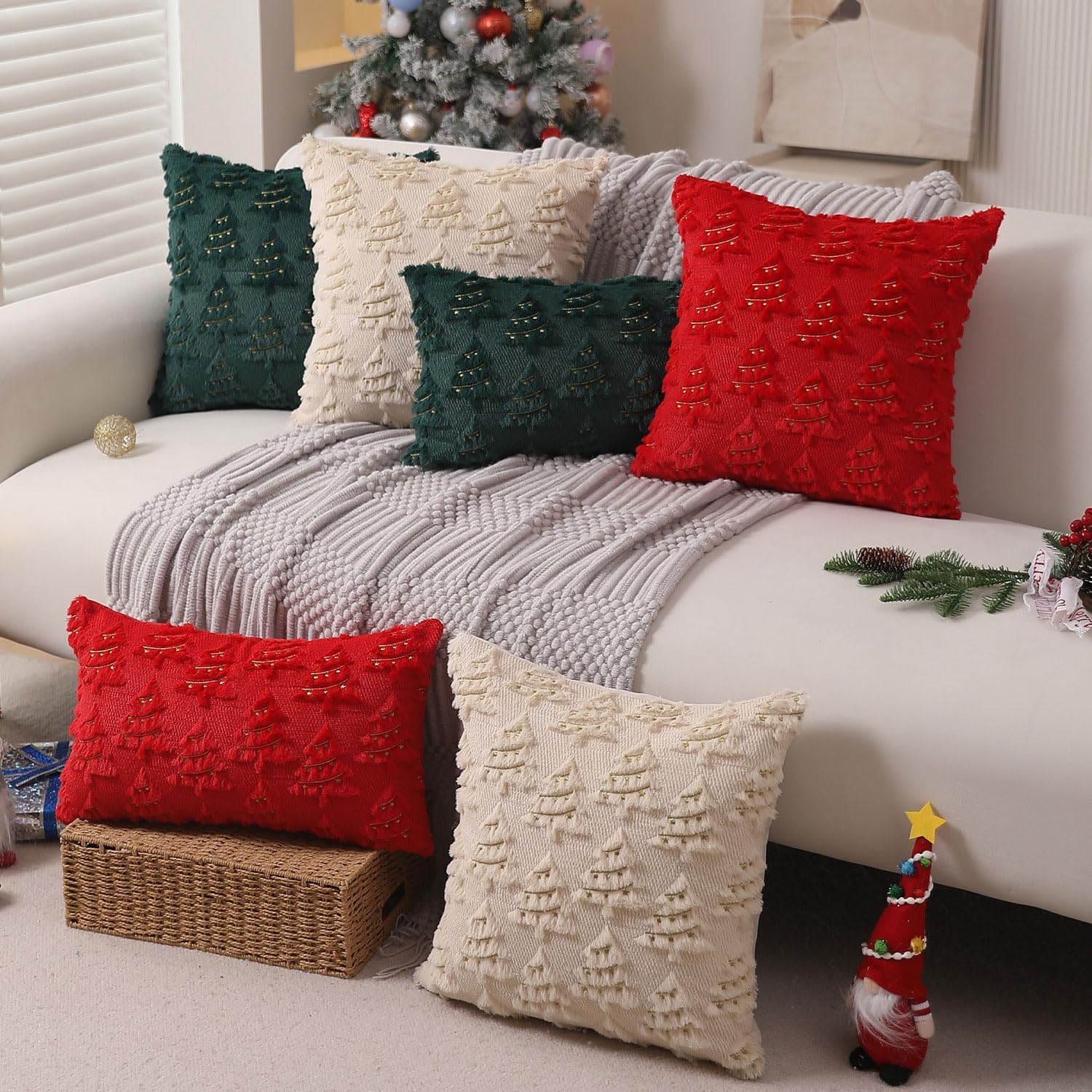 Allorry Christmas Pillow Covers 20x20 inch Set of 2 Soft Plush Faux Fur Christmas Decor Beige Xmax Tree Yellow Colored Lights Decoration Throw Pillow Case for Winter Holiday Sofa Living Room PT003C20