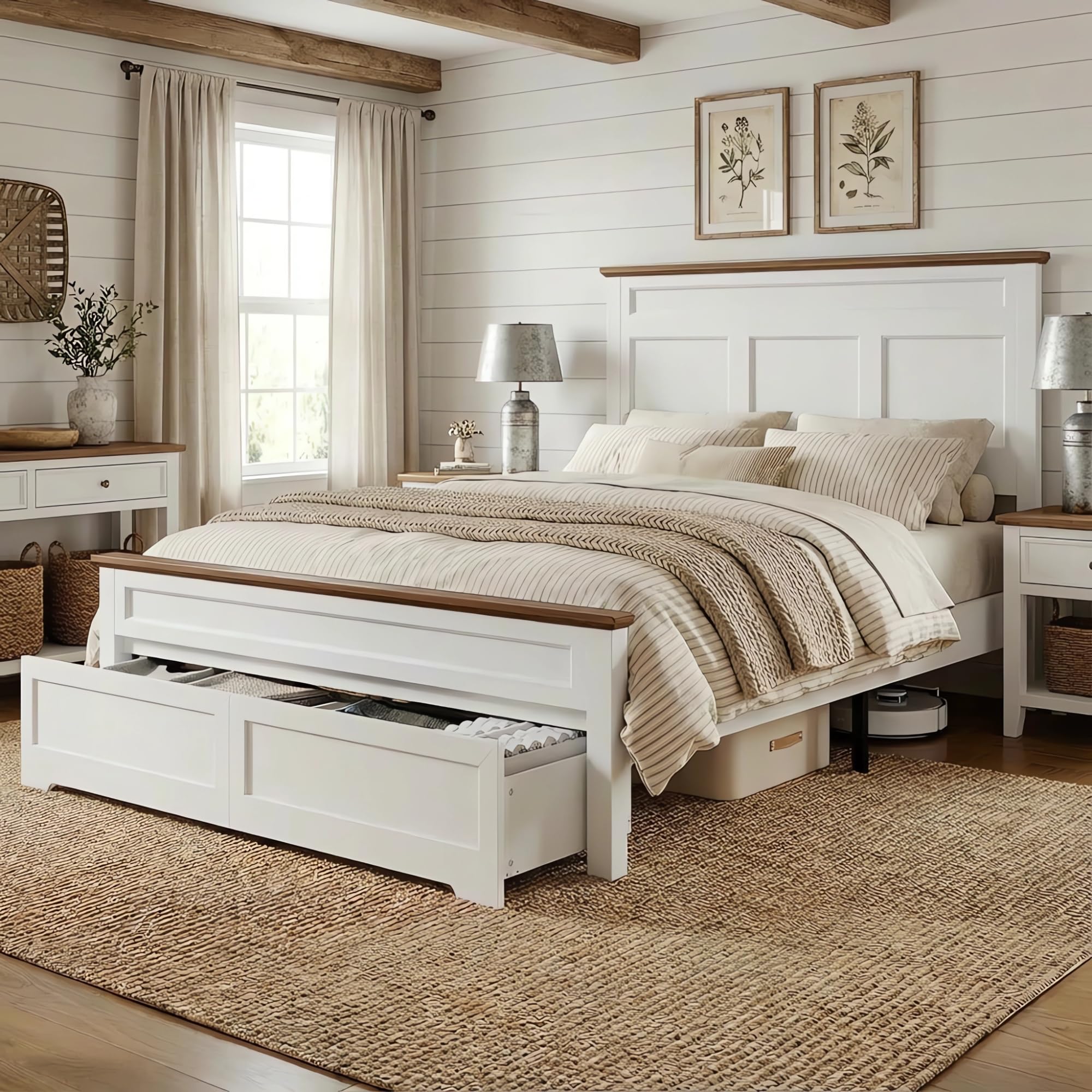 RALGEND Farmhouse Full Size Bed Frame with 51.2" Tall Headboard & Footboard, Wooden Platform Bed Frame with Large Storage Drawers, No Squeak, No Box