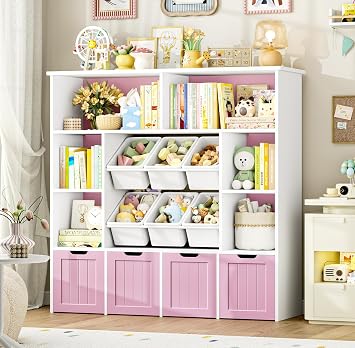 FINETONES Toy Storage Organizer with Movable Drawer Toy Organizer for Kids | Toy Organizers and Storage with 6 Toy Bins, Large Kids Bookshelf Toy Chest with Hidden Wheels for Playroom,Pink