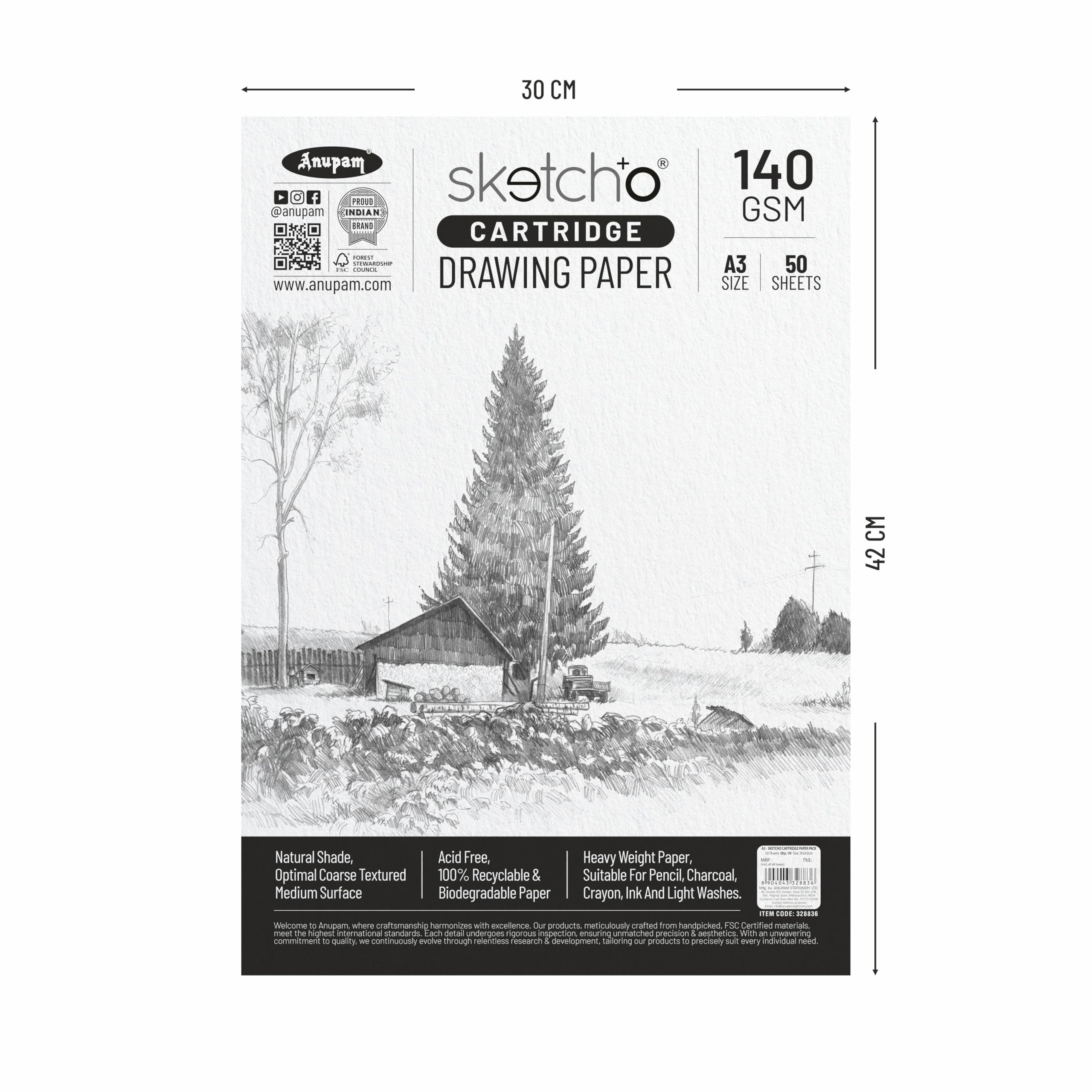 Anupam SketchO Sketching & Drawing Paper A3 | 50 Sheet 100 Pages | 140 GSM Sheet for Pencil, Charcoal, Graphite, redchalk Pastel, Chalk, Oil Pastel & Wax Crayon for Artist's & Amateurs - Image 2 thumbnail