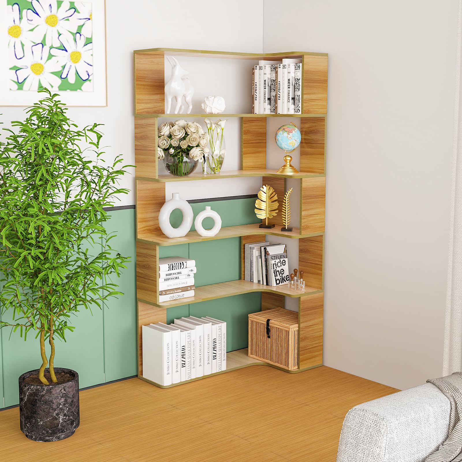 Estantería esquinera de 5 plantas, madera, altura: 169 cm, gran estantería, estilo moderno, mueble de almacenamiento para salón, estudio, dormitorio, blanco