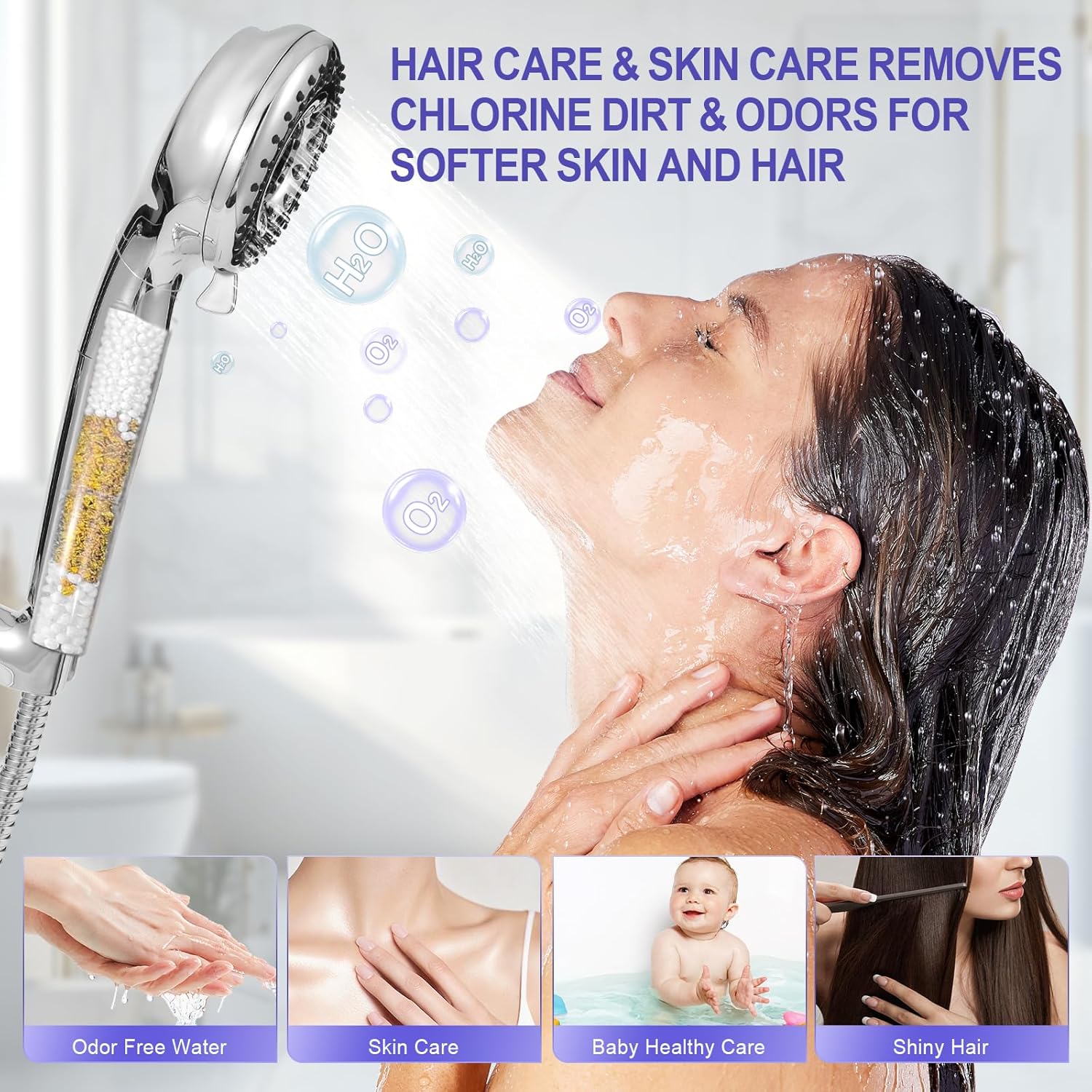 HH901 Handheld Filtered Shower Head, High Pressure, 10 Spray Mode, Water Softener Filter Beads for Hard Water, Remove Chlorine, Reduces Dry Itchy Skin