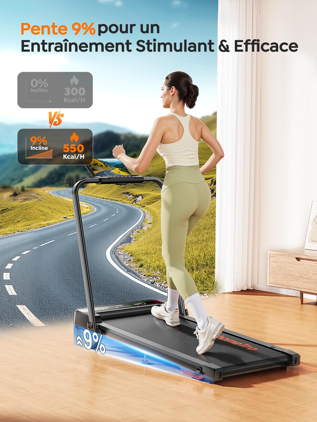 Tapis de Course Pliable 5-en-1 avec LED Motivantes, Inclinable 9%, Moteur Silencieux, Double Écran LED, 1-12 km/h, Compact Walking Pad 120kg
