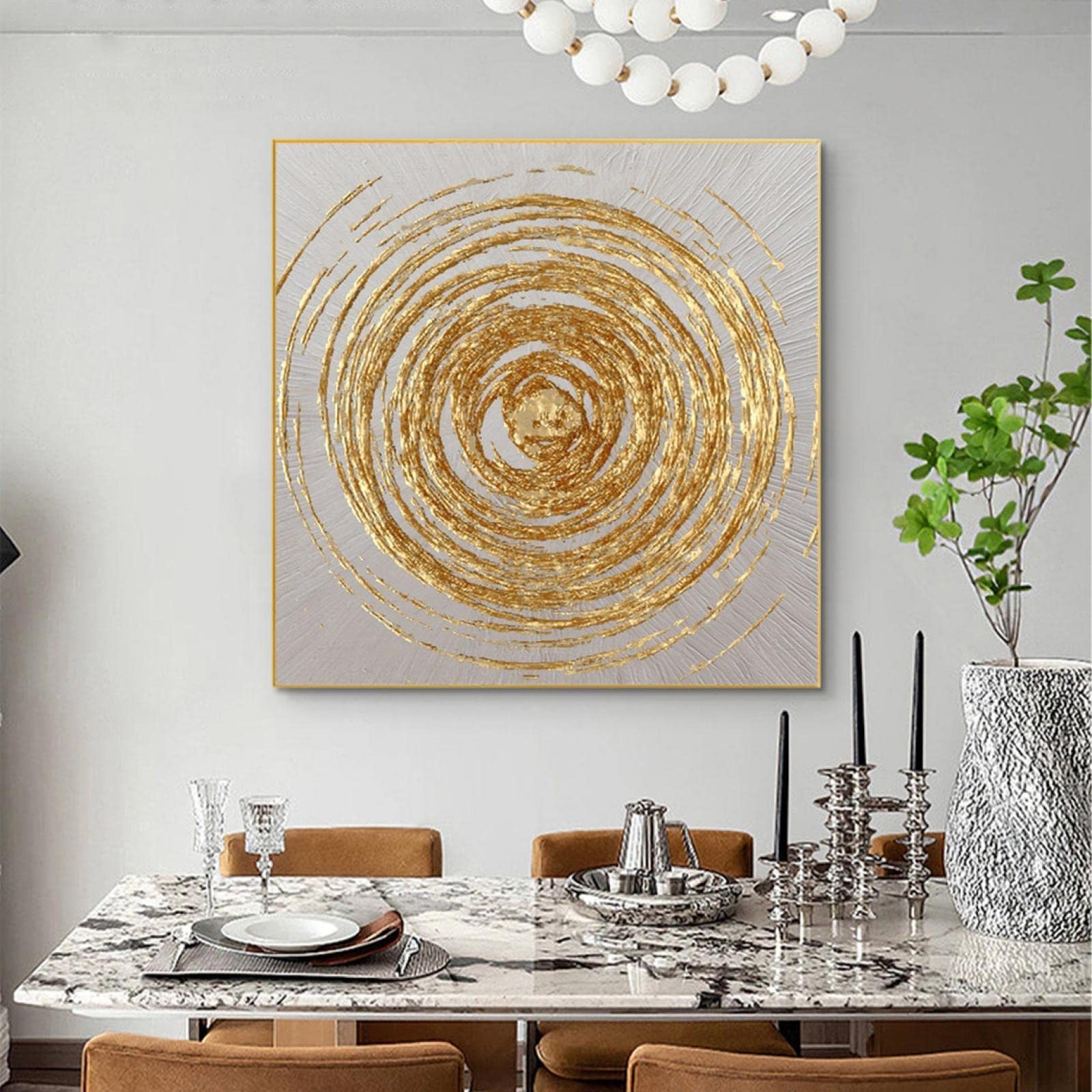 Großes goldenes Kreis-Ölgemälde auf Leinwand, Mode, abstrakt, original, minimalistisch, Blattgold, gerahmt, Wandkunst, Wohnzimmer, 90 x 90 cm (35 x 35 Zoll) mit Rahmen