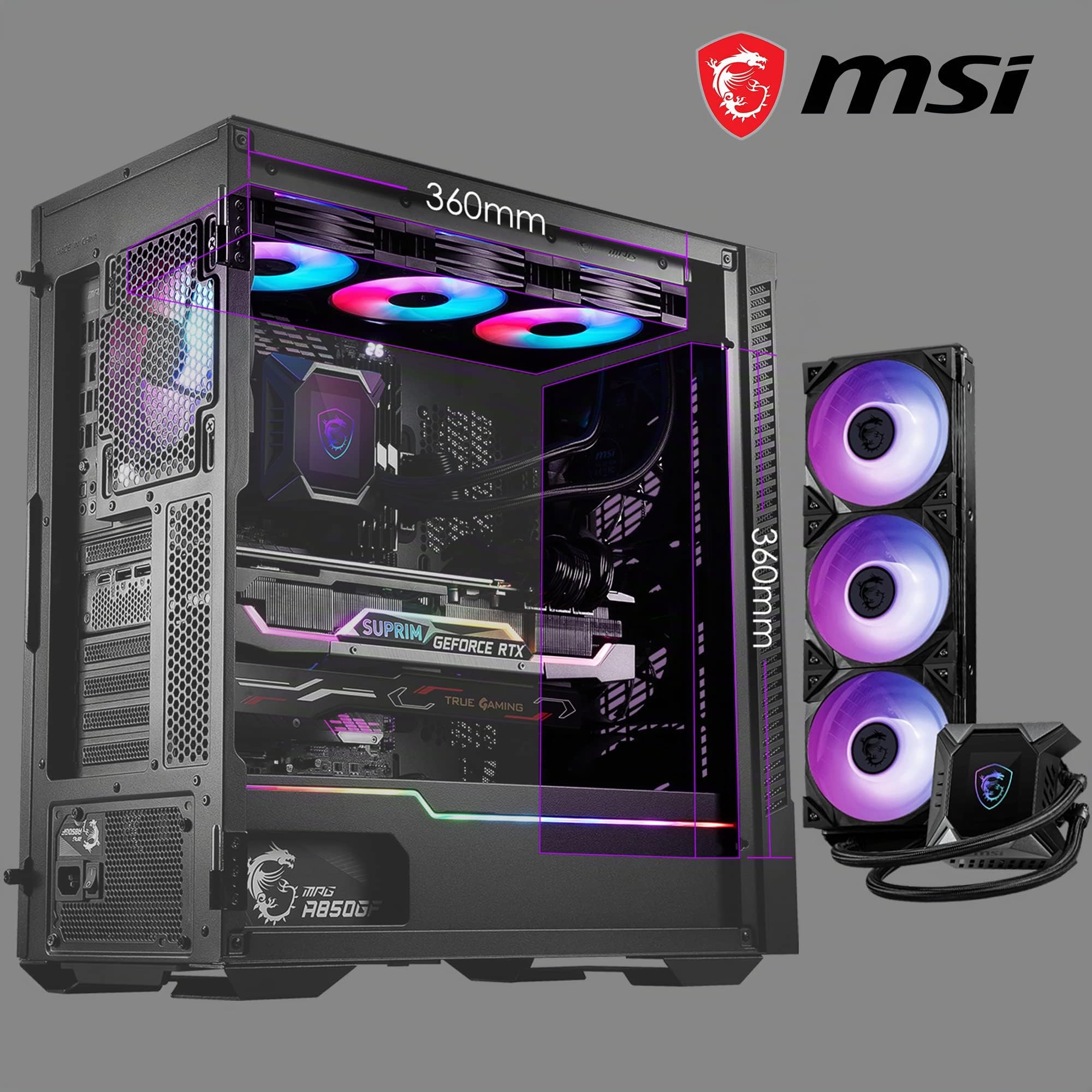 MSI MPG VELOX 100P AIRFLOW Mid-Tower PC-Gehäuse, geeignet für E-ATX-Mainboard, Seitenpanel aus gehärtetem Glas, optimiert für Airflow, Mystic Light, unterstützt 2x 360mm-Kühler, seitliche Lufteinlässe