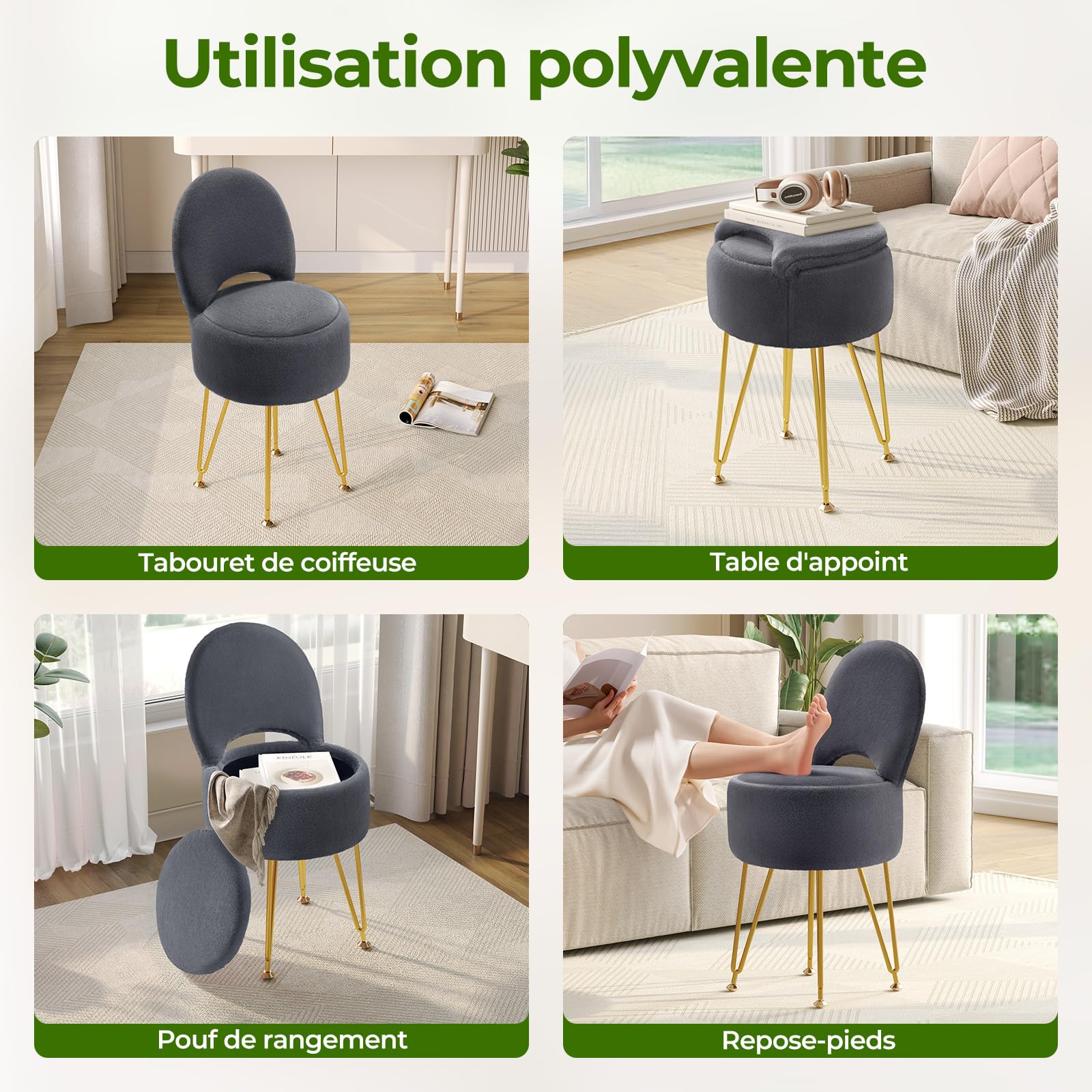 Rolanstar Tabouret de Coiffeuse en Velours avec Rangement Caché – Dossier Pliable Transformable en Repose-Pieds – Pouf de Maquillage Confortable pour Chambre ou Bureau (Gris, Grand)