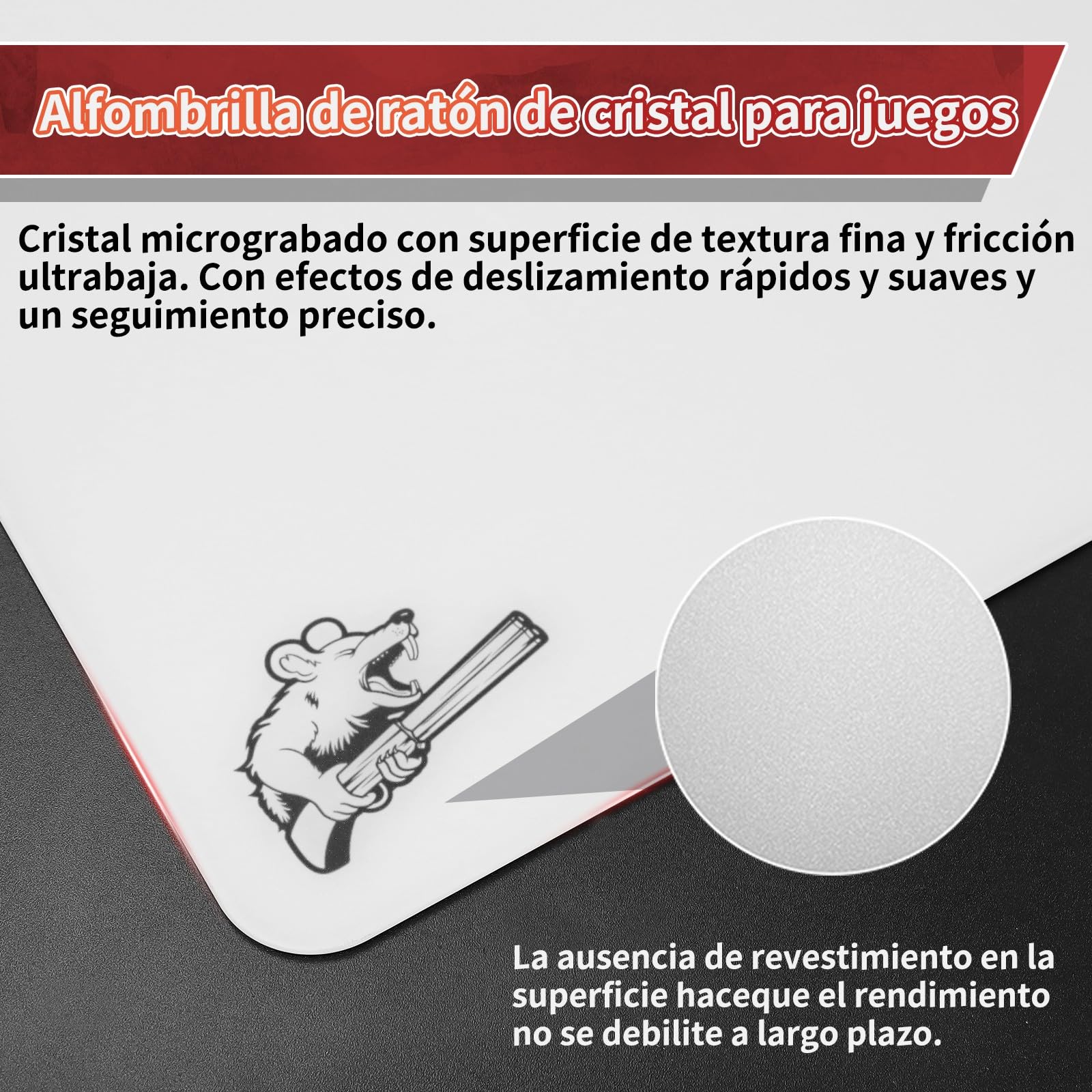 SIROOLAC 2.0 Tappetino Mouse Gioco Vetro, FPS, Base Silicone, Strato in vetro sottile da 1,6 mm, Esperienza Scatto Premium (bianco, 300mm*350mm)