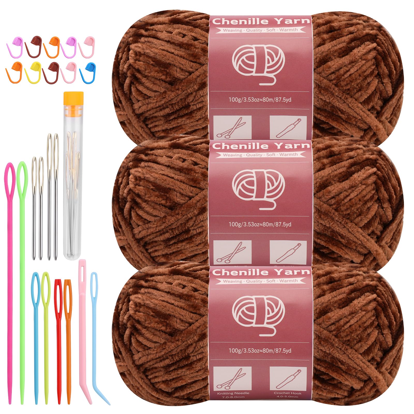 LUNARM Chenille Yarn 3 Pack 3.5oz Chunky Blanket Velvet Yarn 263 Yard | Brown Velvet Chunky Chenille Yarn for Beginners Crocheting Hand Knitting Scarves with Big Eye Needles Machine Washable