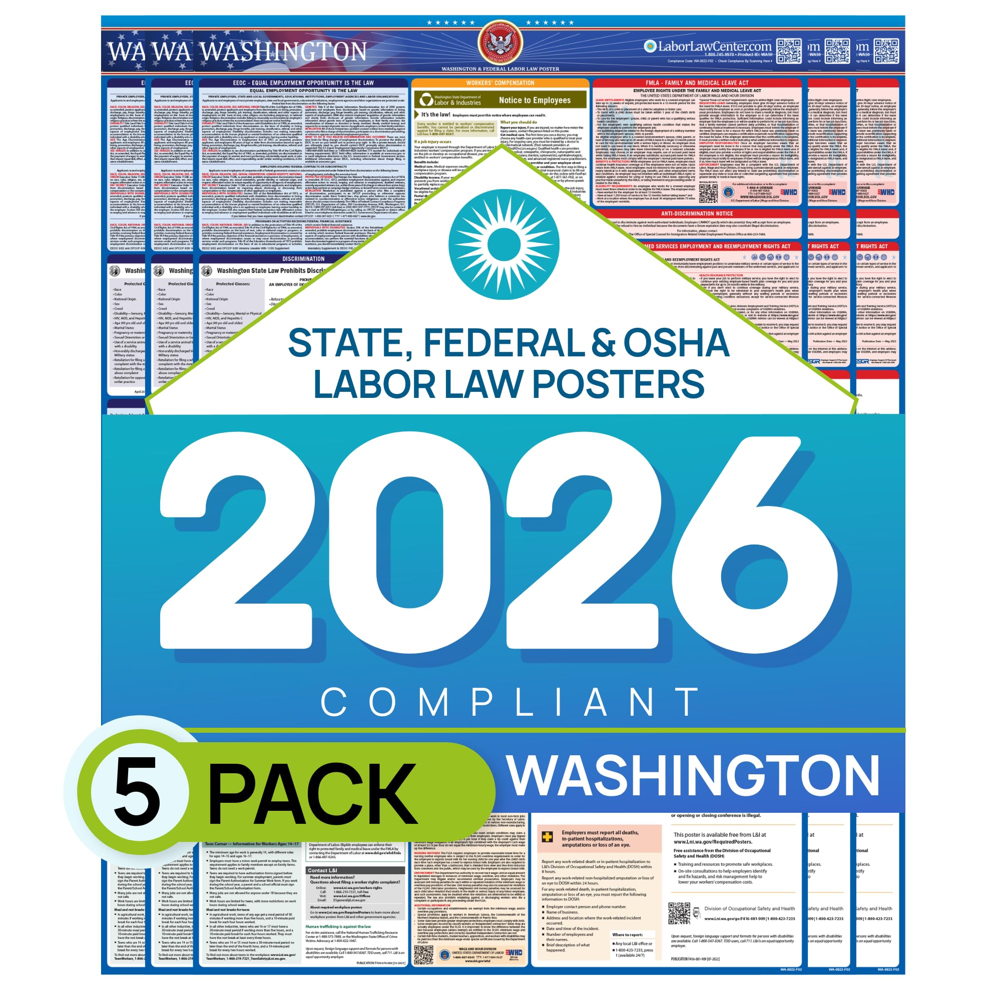 Labor Law Posters Washington 2026, 5-Pack, State, Federal Workplace Notices