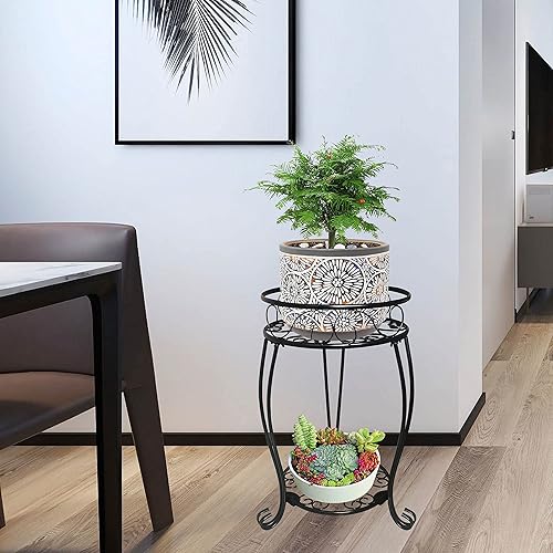 Miniatura 4 de Paquete de 2 soportes de metal de 19.2 pulgadas para macetas redondas, soporte para macetas de 2 niveles para interiores y exteriores, resistente a