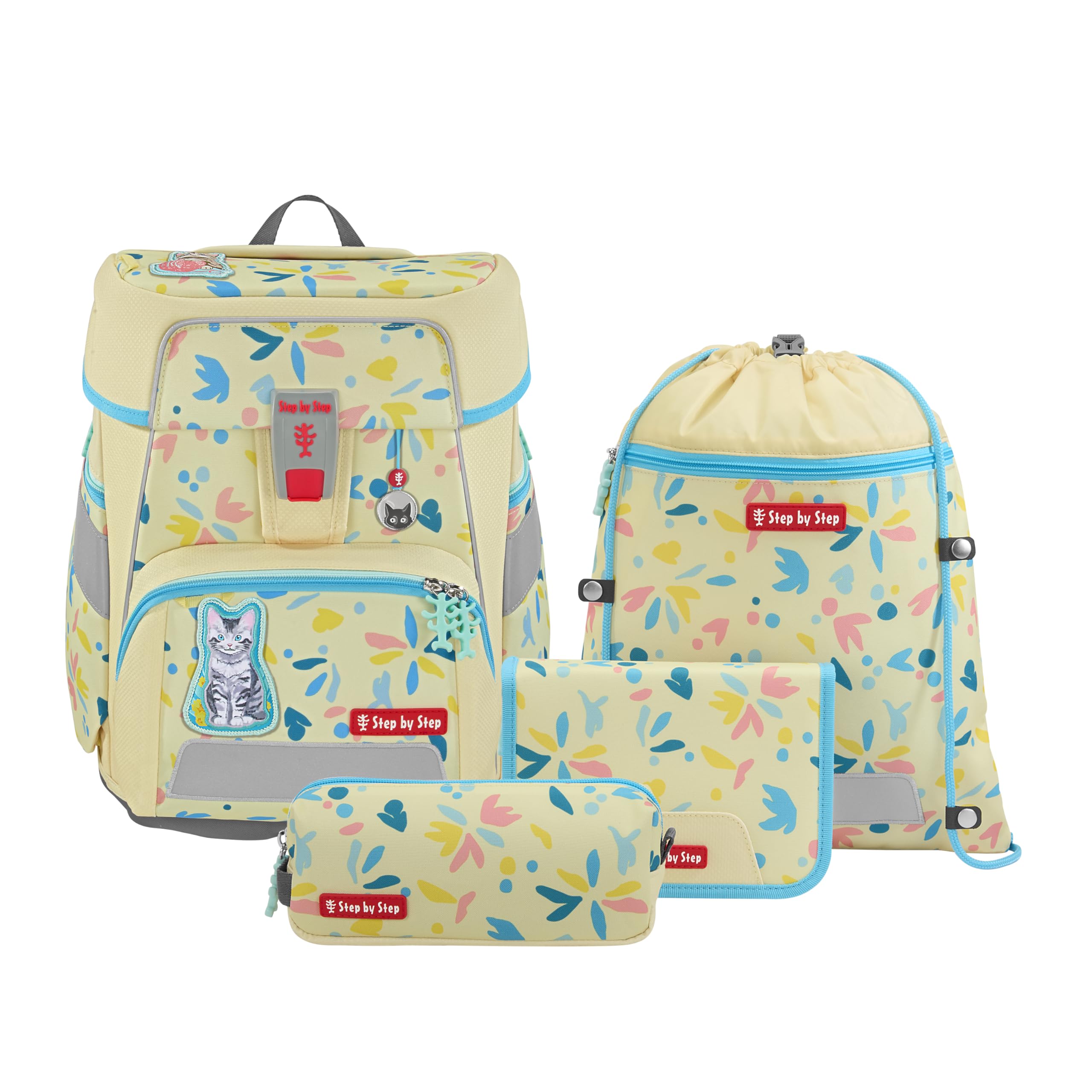 Step by Step Schulranzen-Set Space „Cat Lilly“ 5-teilig, gelb, Katzen-Design, ergonomischer Tornister mit Reflektoren, höhenverstellbar mit Hüftgurt für Mädchen ab der 1. Klasse, 20L