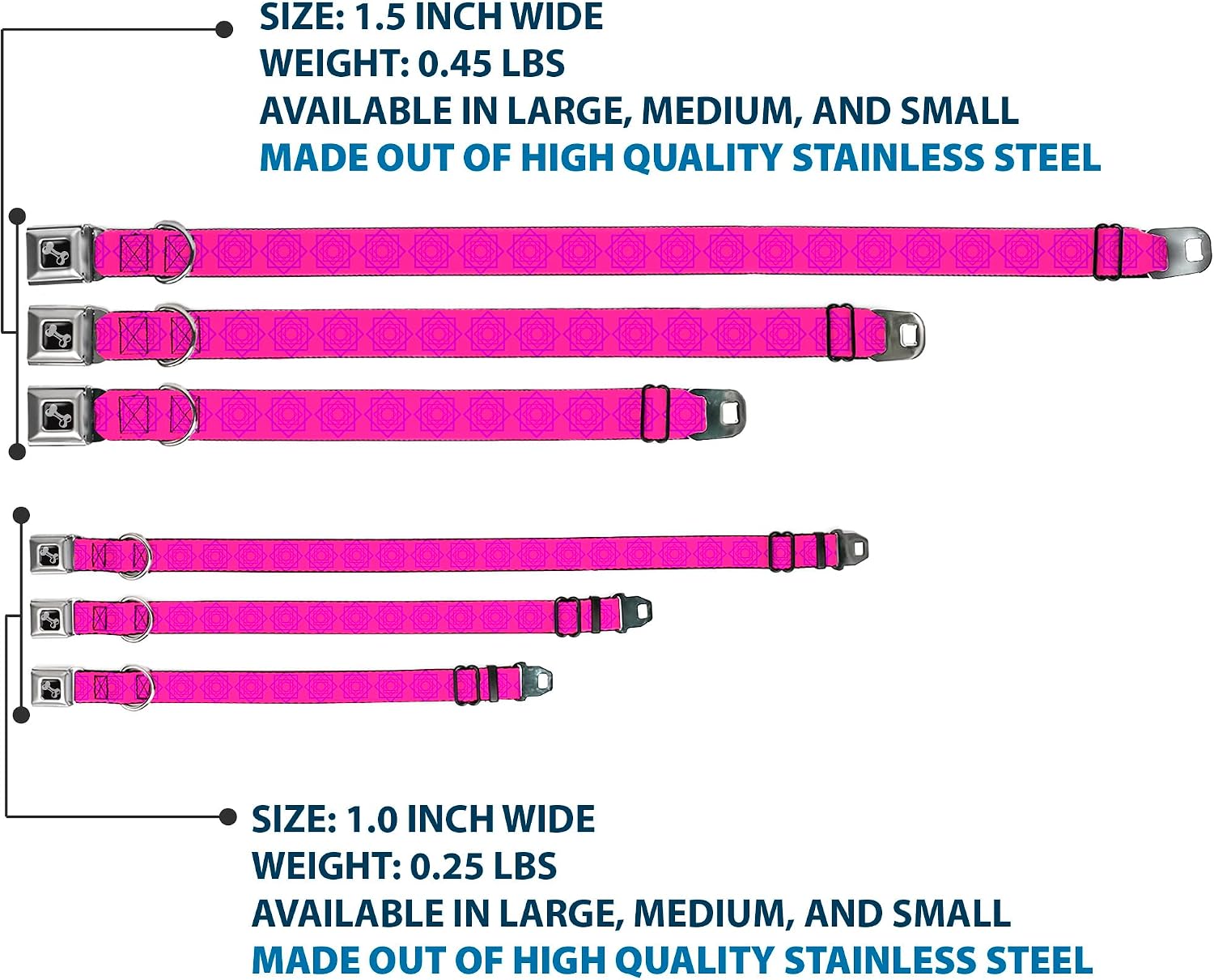 Dog Collar Seatbelt Buckle Rotating Squares Pink Purple 11 to 17 Inches 1.0 Inch Wide