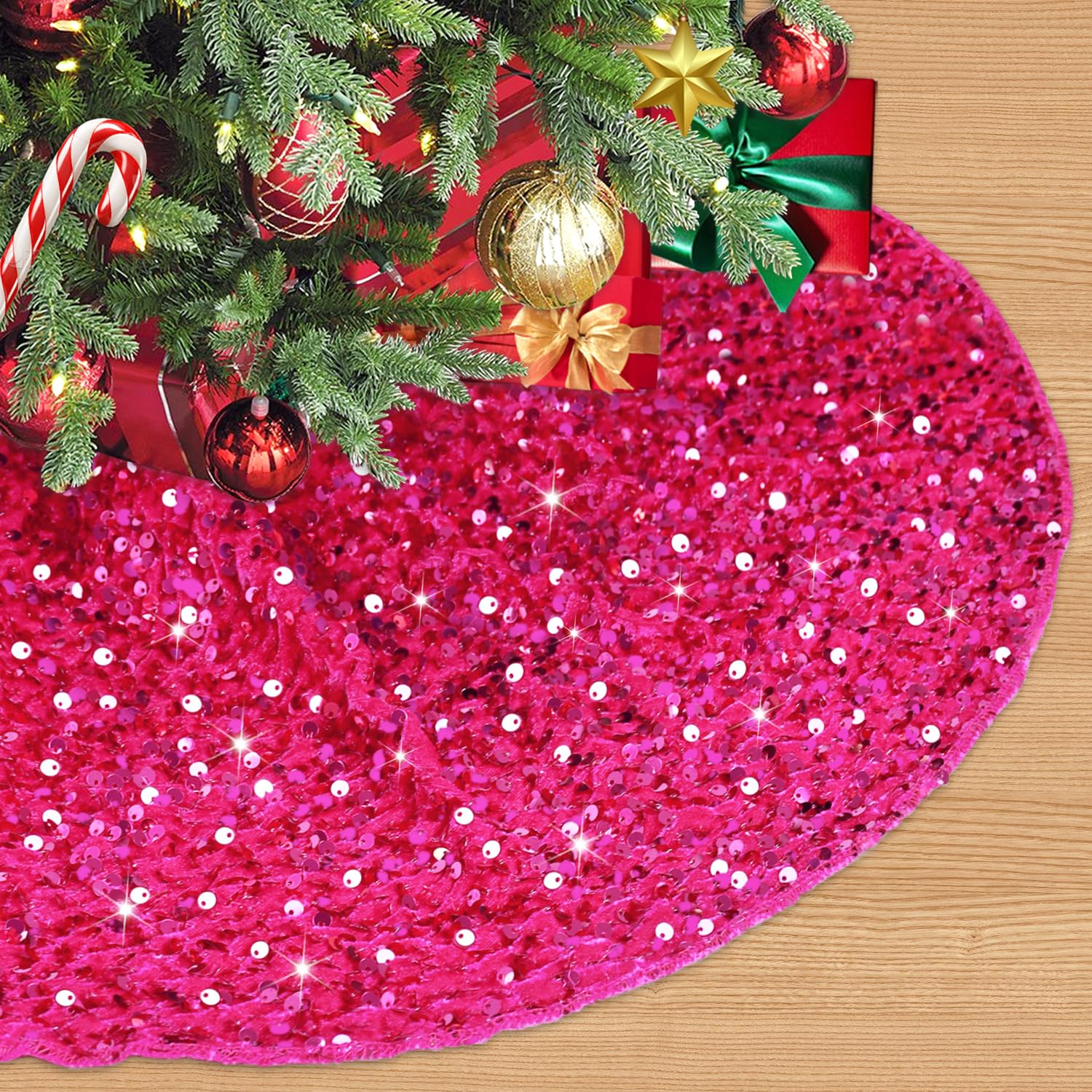 Hot Pink Christmas Tree Skirt 46 inch Sequined Large Tree Skirt Fuchsia Velvet Christmas Tree Skirt Xmas Tree Base Cover Sequin Tree Mat Large Tree Skirt Cover Christmas Skirt Tree for 6FT Xmas Tree