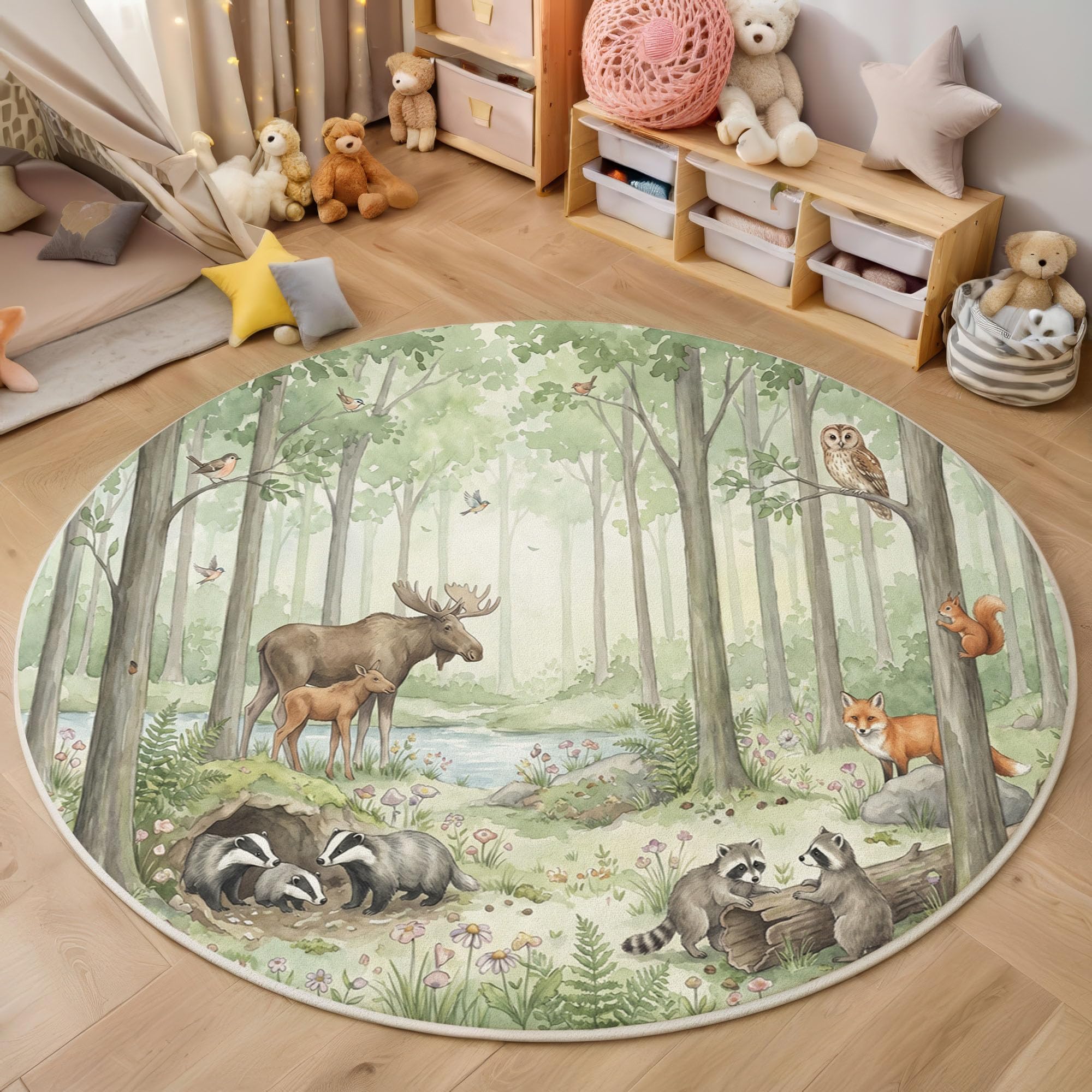 Tapis rond lavable 100cm résistant aux taches animaux des bois vert