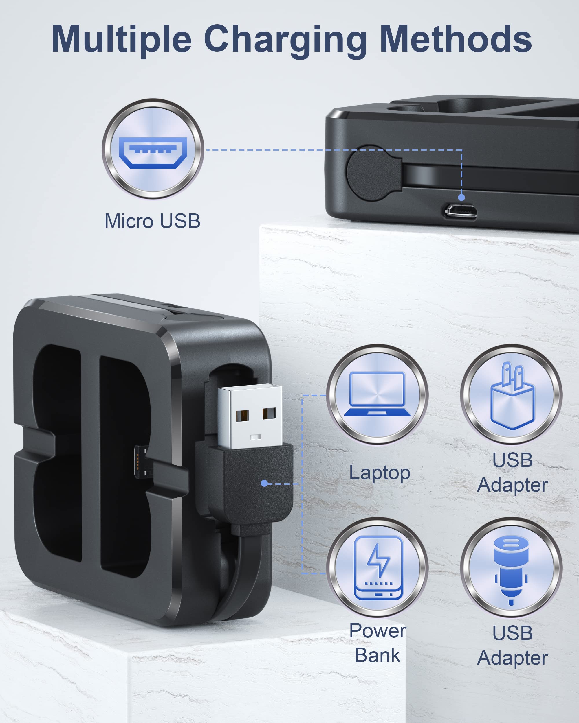 2 Batterien Und Ladestation für Ring Video Doorbell, 3.65V 6040mAh Akku kompatibel mit Video Doorbell 2/3/3+/4, Spotlight Cam Battery, Stick Up Cam(2/3Gen)