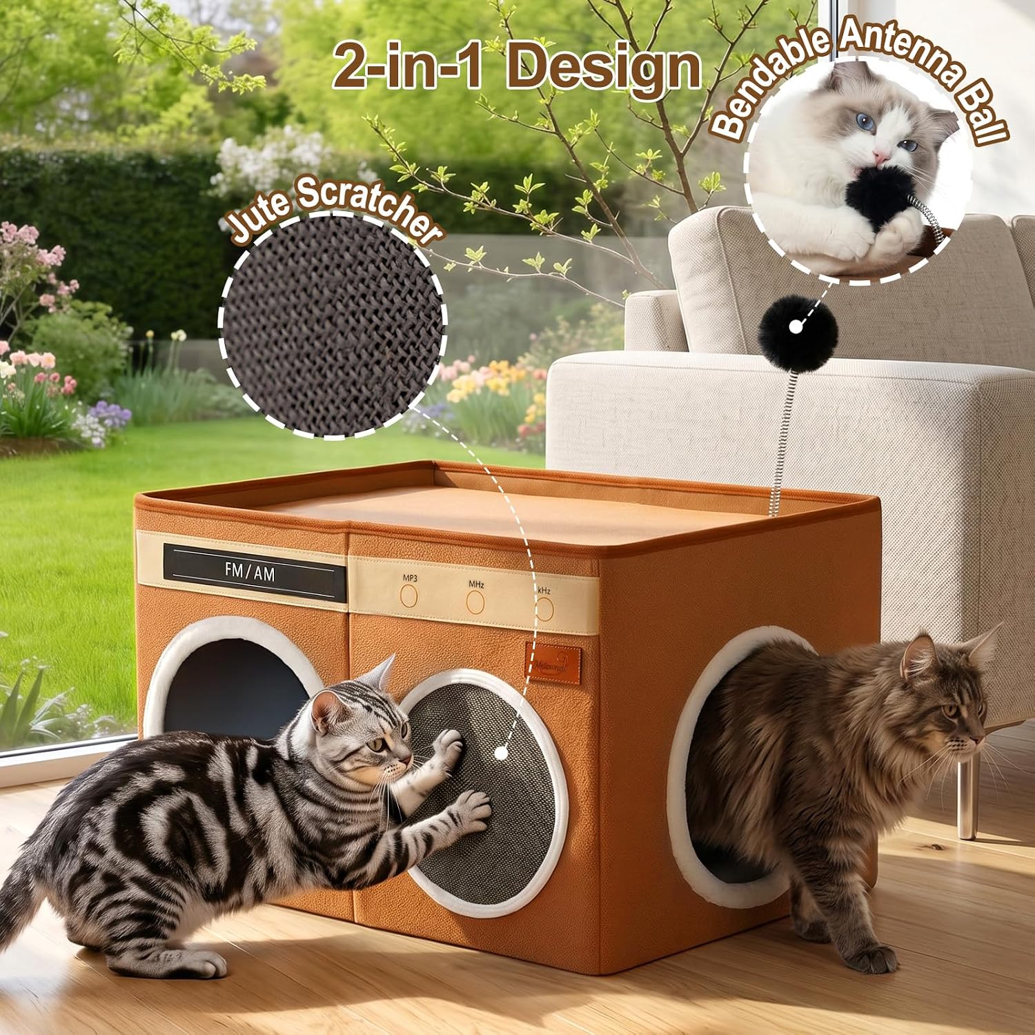 Retro Radio Cat House, Large Foldable Cat Bed Indoor Cat Cave | Spacious Multi-Cat Sleeping Hideaway Pet Nest, Non-Sticky Fur Fabric, Scratch Pad & Bendable Antenna Ball 13×19.7×15.8 Inches