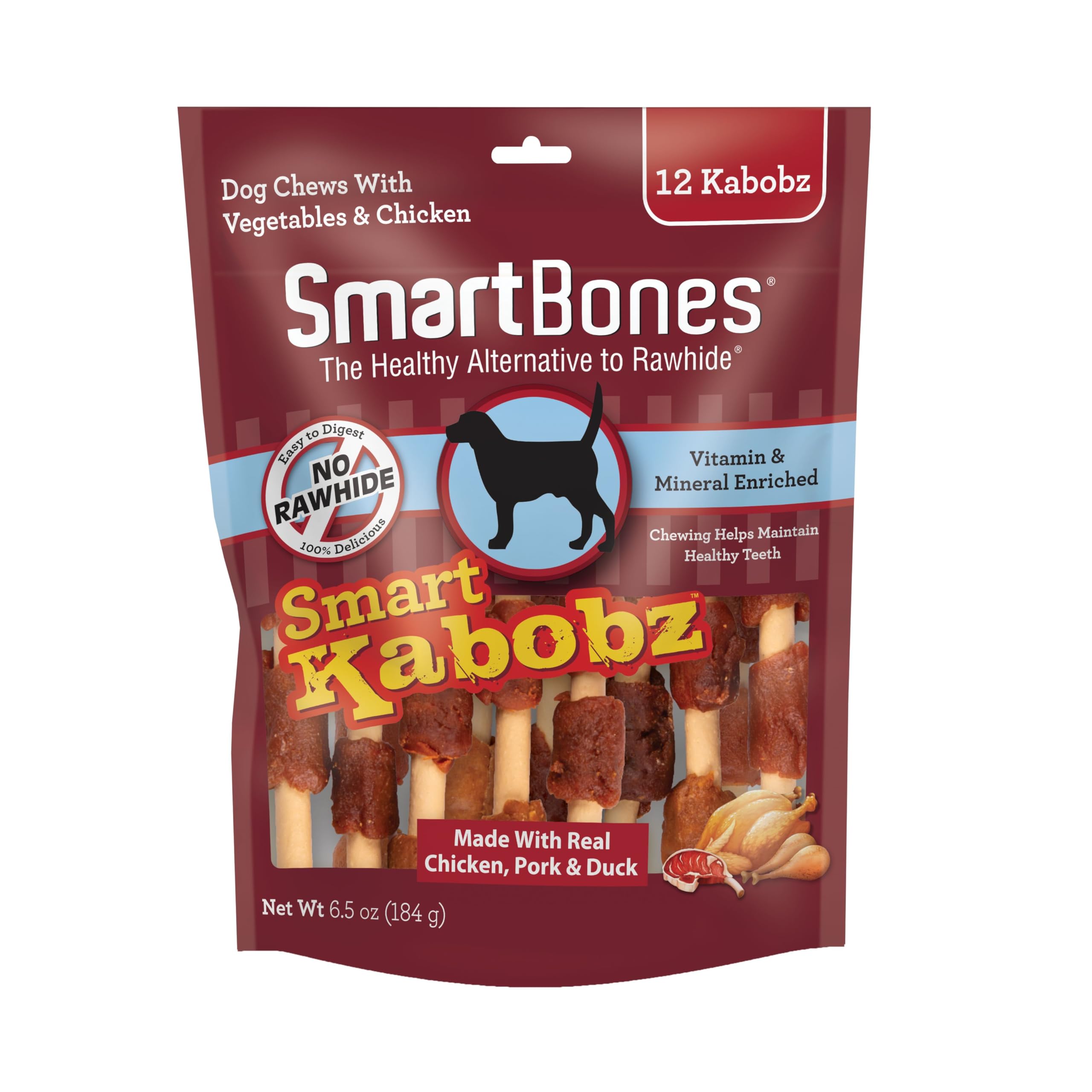 SmartBones Smart Kabobz, Treat Your Dog to a Rawhide-Free Chew Made With Real Chicken, Beef and Pork, 12 Count (Pack of 1)