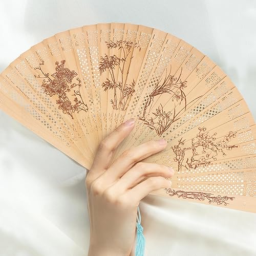 Miniatura 12 de FoDau770 Abanicos plegables de madera, ventiladores de mano de madera clásica, ventilador de mano de madera con patrón de panda con borla