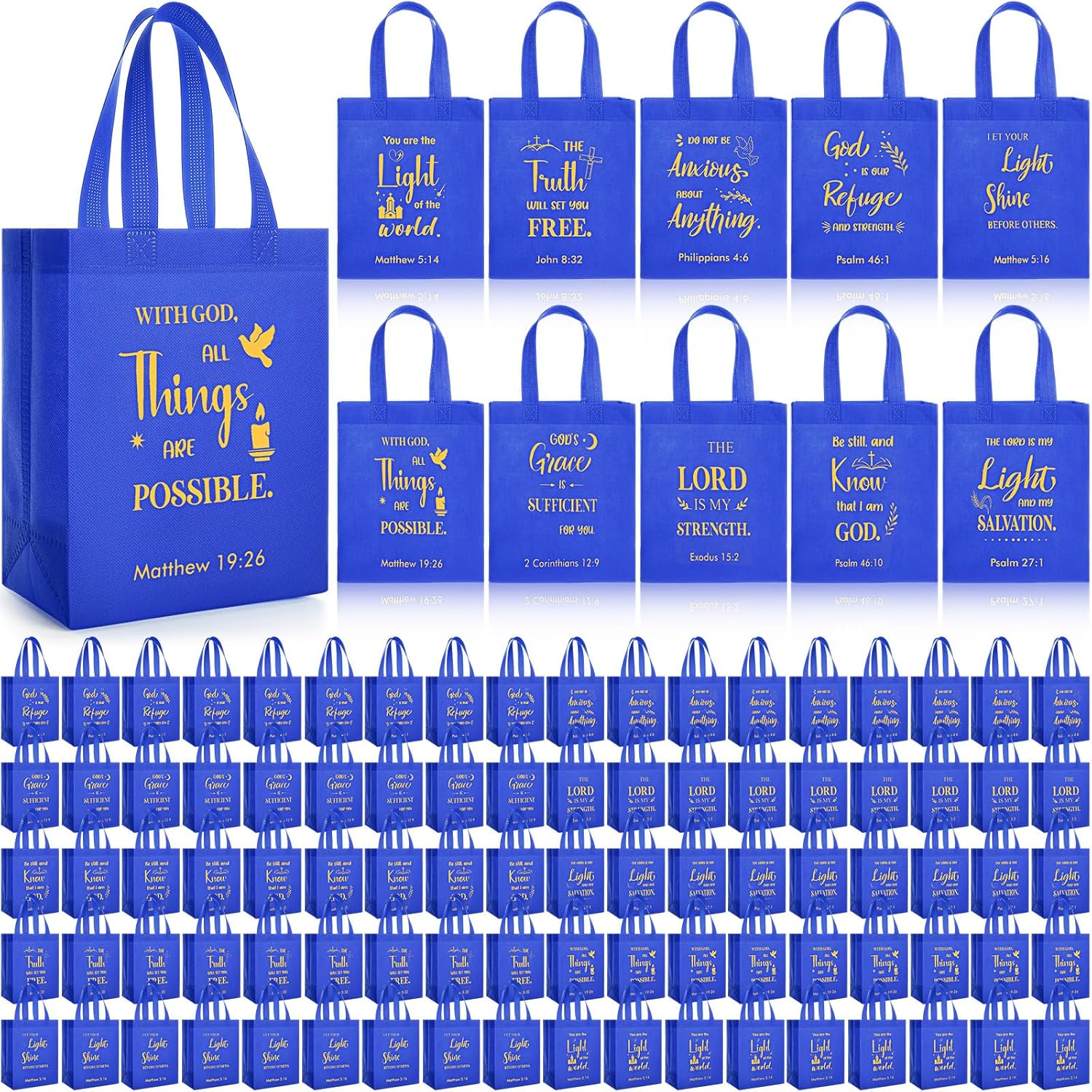 Windyun 100 Pcs Christian Gift Bag Bulk 8" x 4" x 10" Reusable Bible Verse Tote with Handle Religious Scripture Blessing Bags for Church Pastor Welcome Visitors Sunday School Party Favors (Royal Blue)