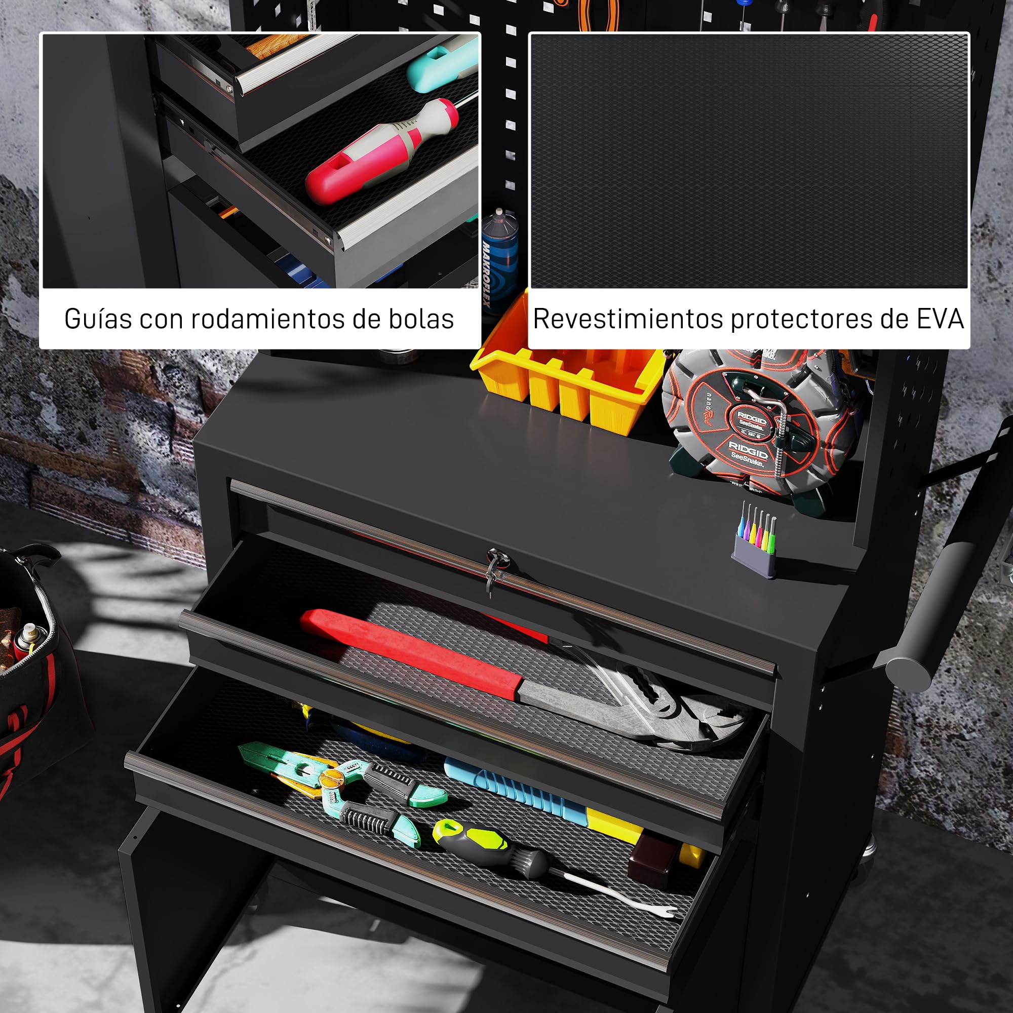 HOMCOM Carro de Herramientas con 3 Cajones y Pegboard, Carro de Taller con Cerradura de Llave, Estante Regulable, 2 Ruedas con Freno, Negro