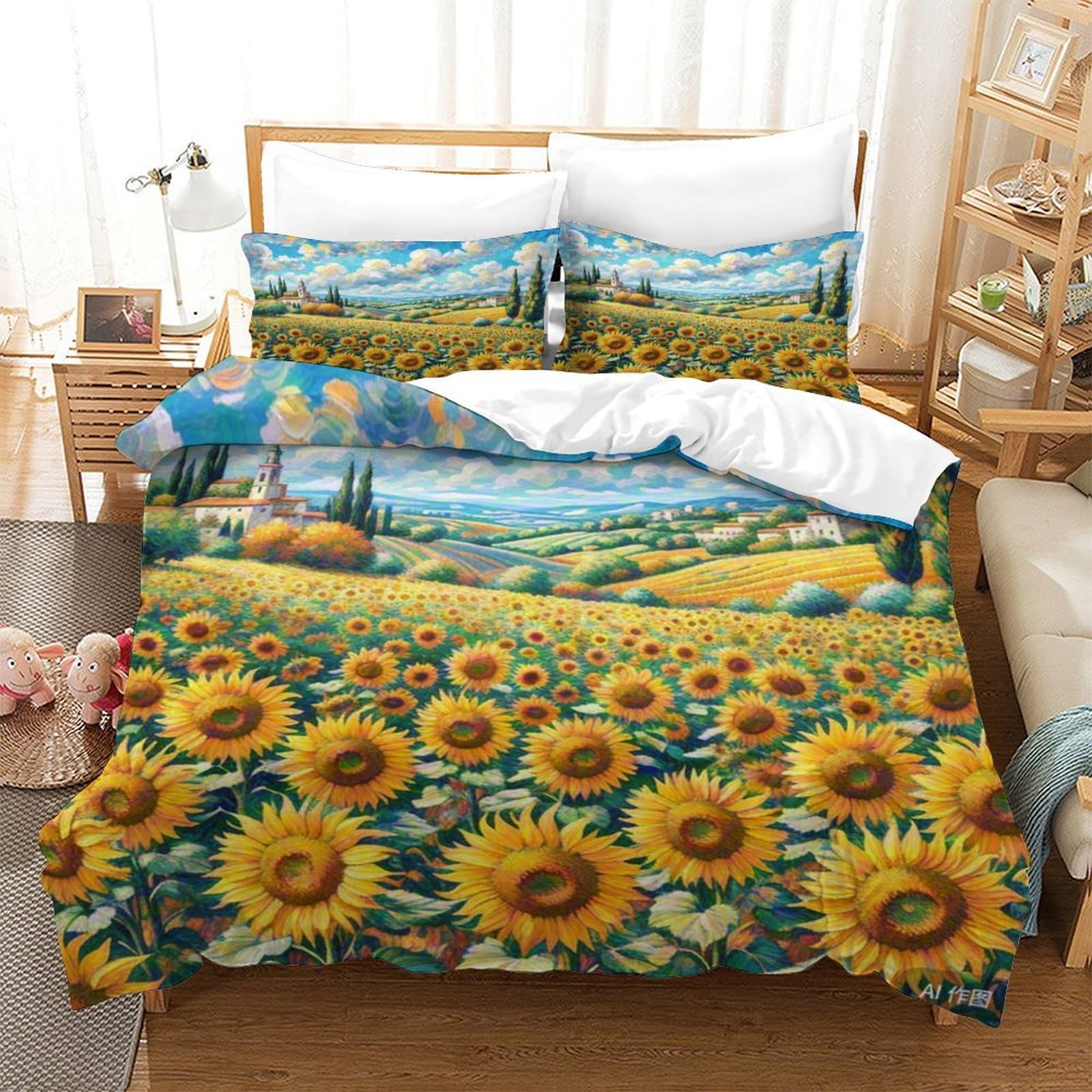 Housse de couette tournesol 3D 140x200cm en microfibre douce avec taie