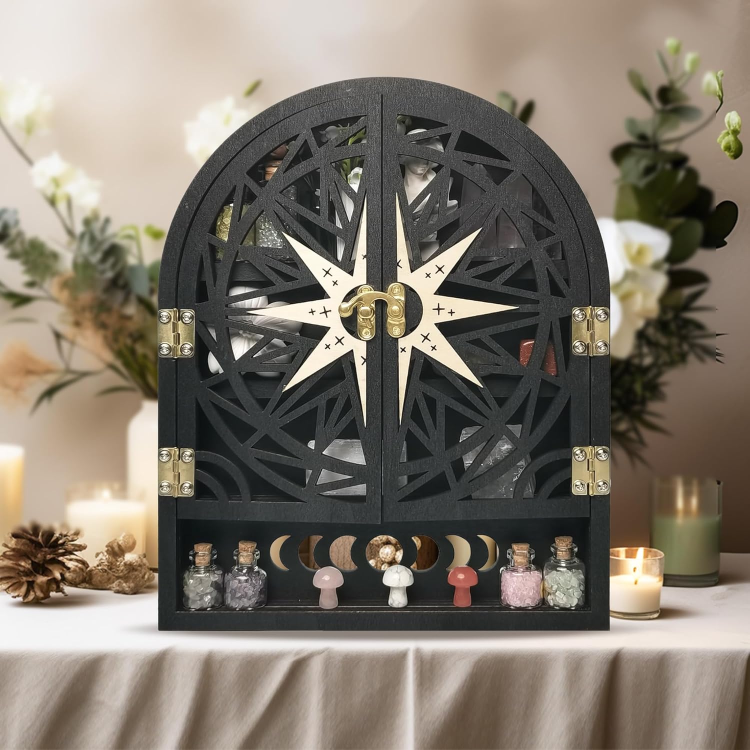 Crystal Display Shelf for Wall, Crescent Moon Phase Wall Shelf Decor, Wooden Storage Organizer for Stones Collection Essential Oil Display, Arch Crystal Holder Shelf for Meditation Room