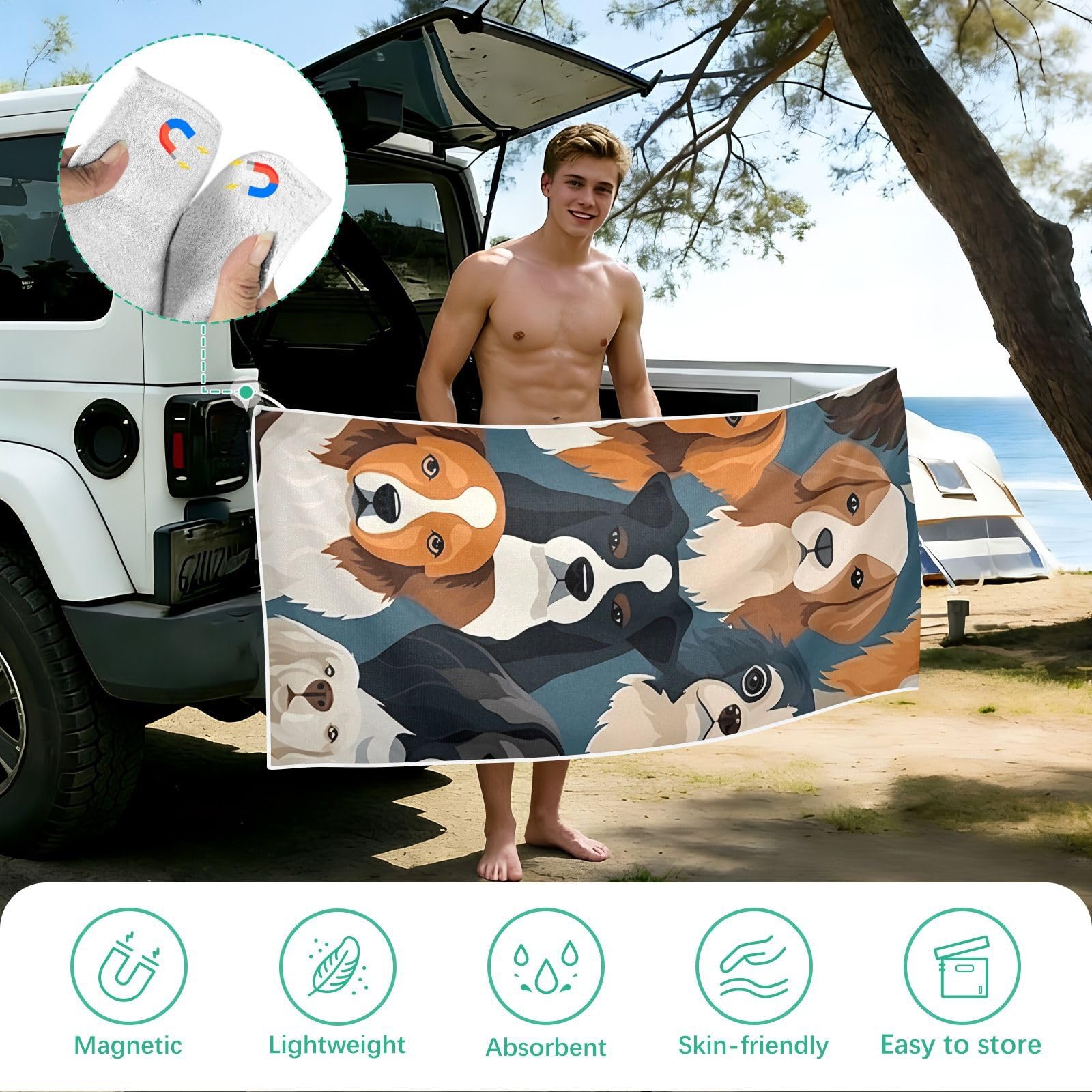 Toallas de playa grandes con bolsas de malla para adultos, colección de perros lindos, toalla de baño con cierre magnético, toalla absorbente de secado rápido para piscina, camping y viajes, 190