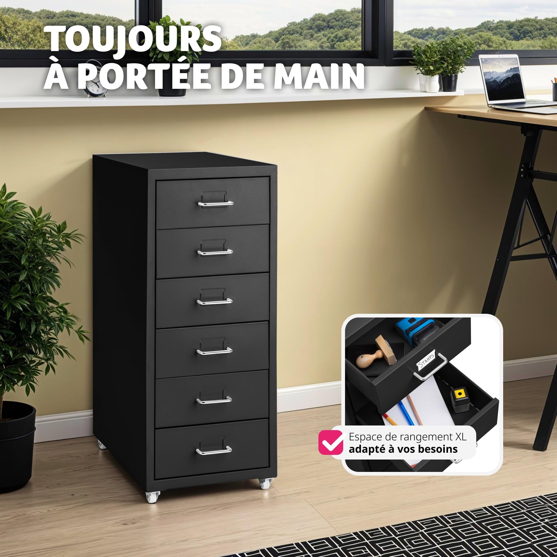 tectake® Caisson de Bureau Métallique Industriel 41 x 28 x 69 cm - Meuble de Rangement avec 6 Tiroirs pour Papier Administratif