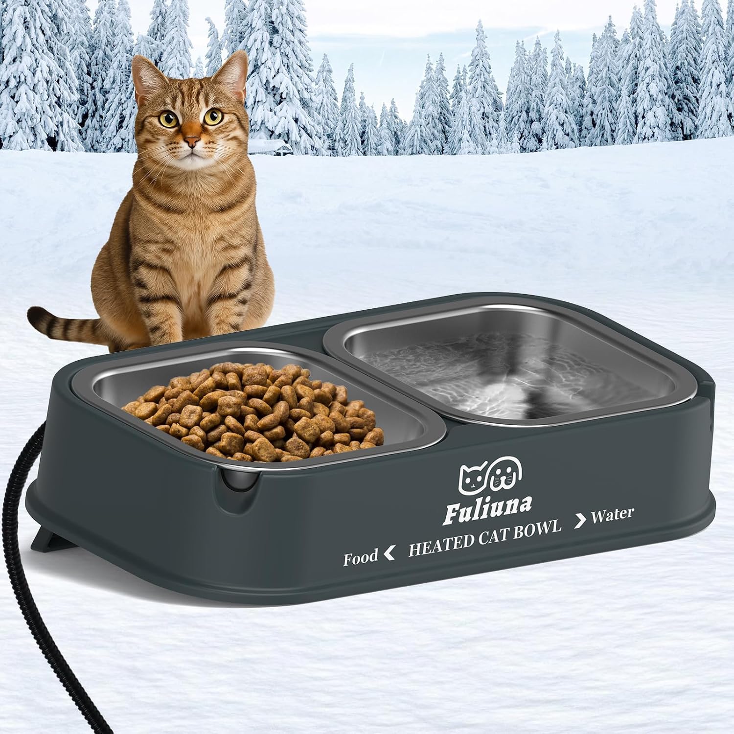 Heated Cat Bowl for Outdoor Cats in Winter, 56 OZ Heated Water Food Bowl with Raised Brackets to Protect Pet's Neck, Outdoor Heated Pet Bowl with 2 Stainless Steel Bowl, No Frozen Water or Food Gray