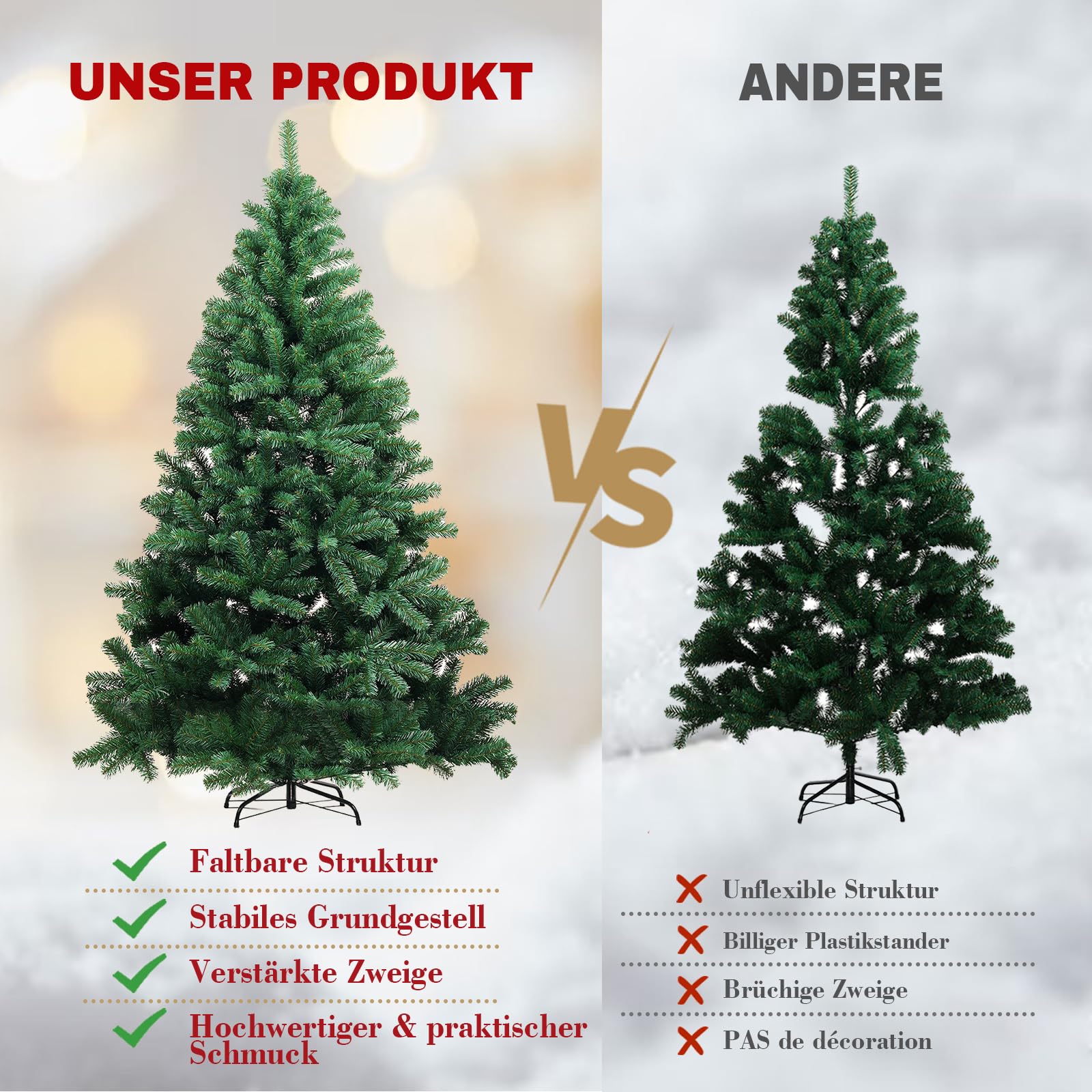 Künstlicher Weihnachtsbaum Weihnachtsdeko 195cm PVC Material mit 1000+ Spitzen Thickened Branches mit dekorativen Schleifen & Grußkarten, Stabiler Metallständer