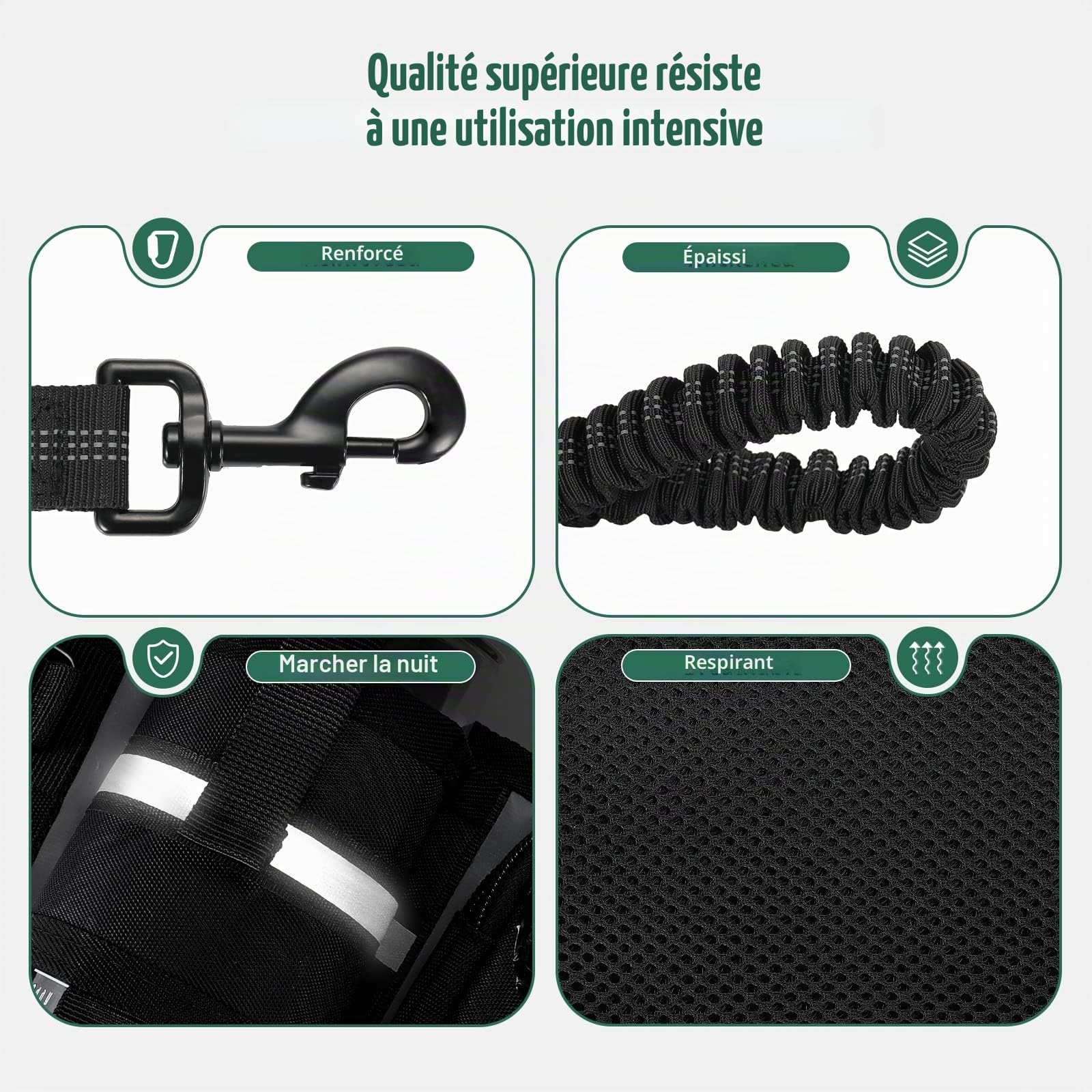 Laisse pour Chien Mains Libres avec Sac de Ceinture, 140-200 cm Laisse Chien de Course, Ceinture Réglable pour la Marche l'Entraînement la Randonnée - Noir