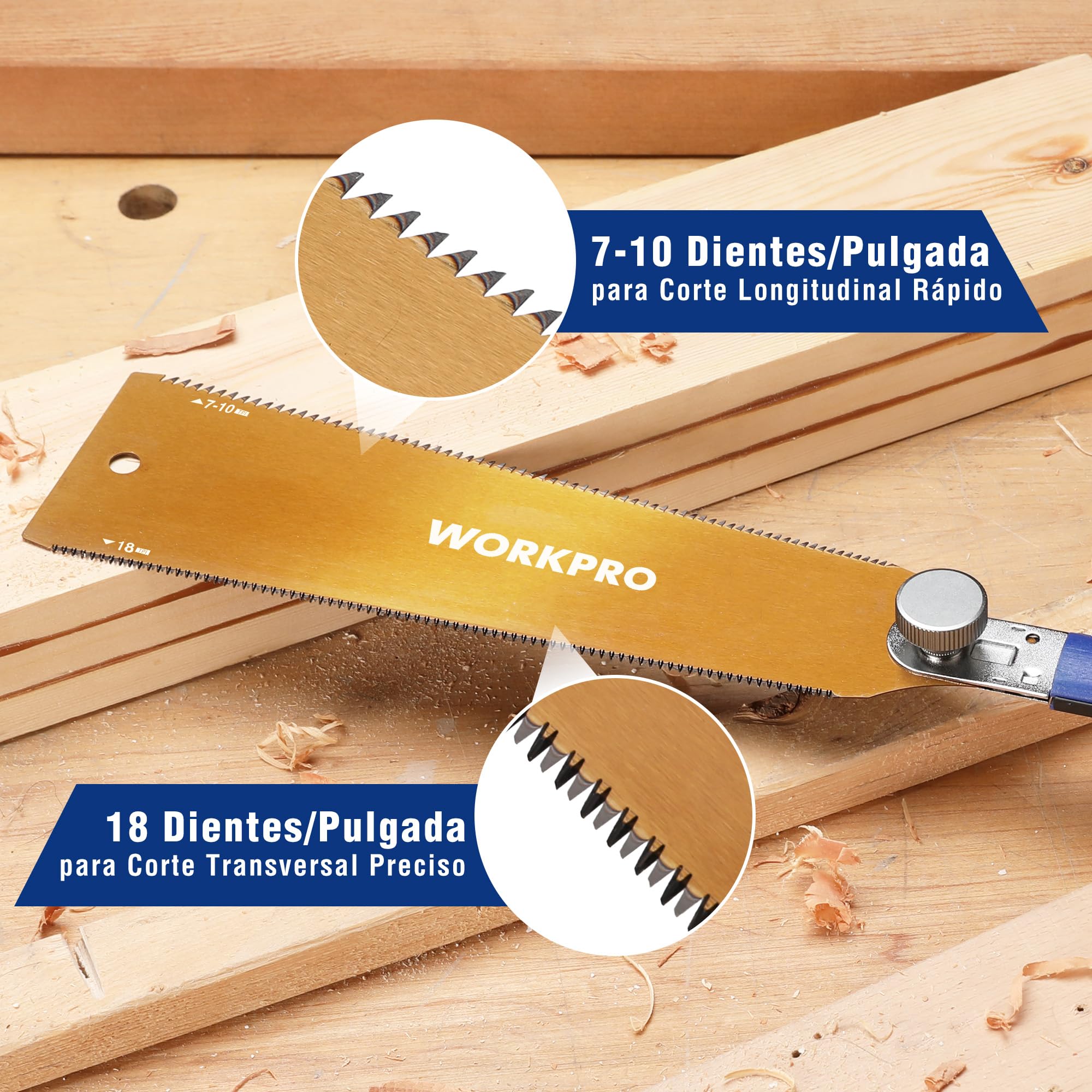 WORKPRO Sierra Japonesa de 250 mm, Sierra de Doble Filo 18TPI/7-10TPI, Hoja SK5 Flexible y Reemplazable, Sierra Madera con Mango Ergonómico de Haya, Perfecta para Carpintería y Trabajos de Madera