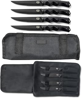 DFACKTO 4-PC Tactical Rugged 4.5 Inch Steak Knife Set - High Carbon Stainless Steel Stonewashed Knives in Kit, w/Black Travel Case & G10 Handles for Kitchen Cutlery for Camping & Cooking Utensils