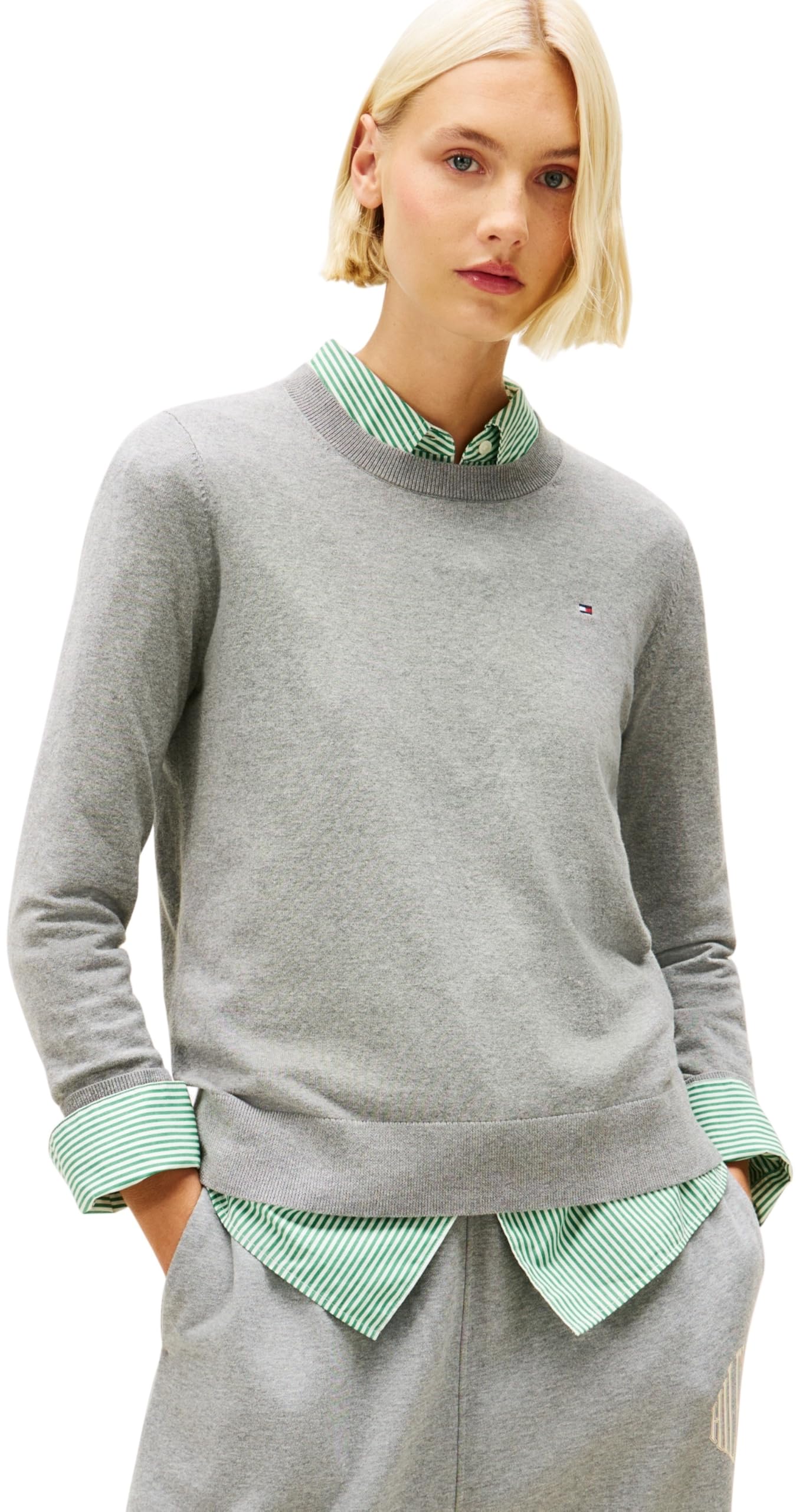 Tommy Hilfiger Women's CO Jersey FINE GG LS C-NK SWT WW0WW44984 Pullover Sweater, Grey (Med Heather Grey), M