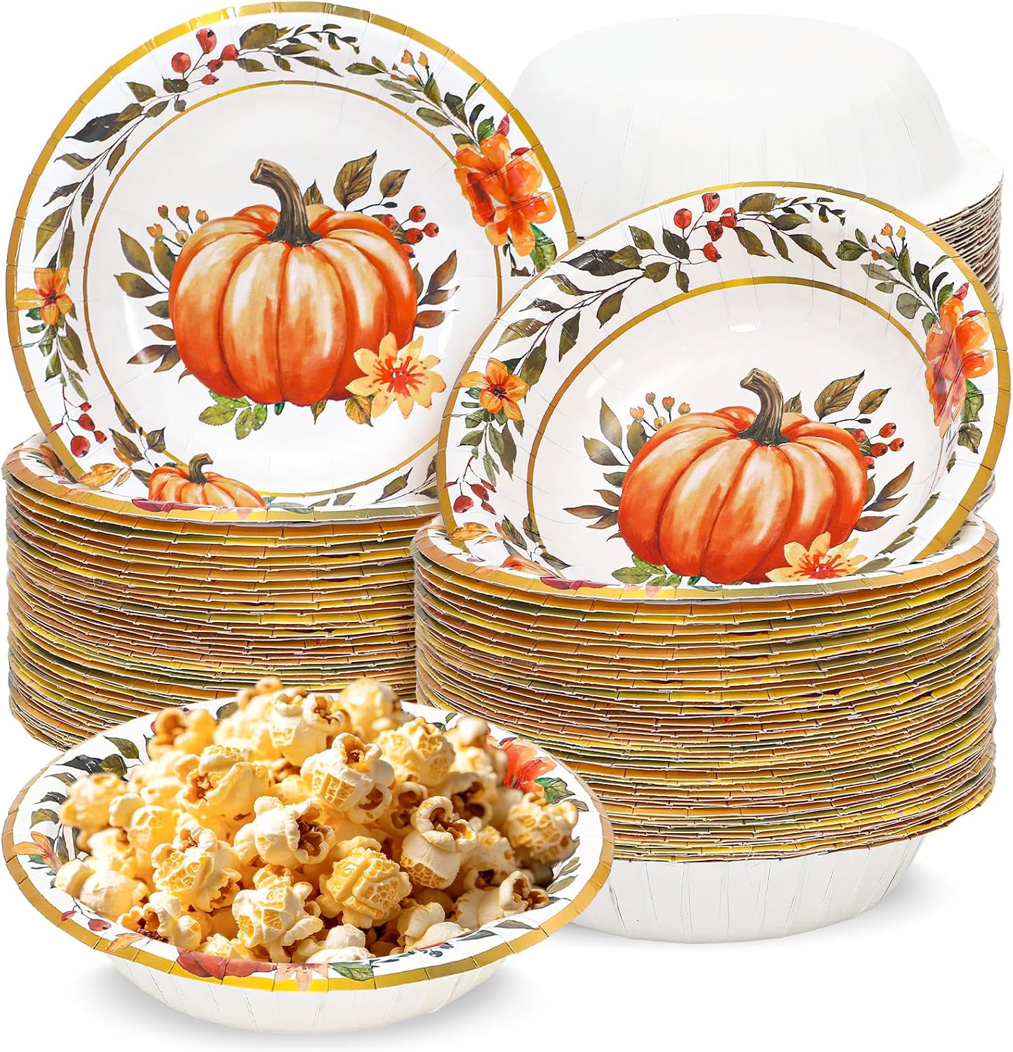 JarThenaAMCS 60Pcs Fall Paper Bowls Pumpkin Floral Leaves Disposable Serving Bowls Watercolor Harvest Party Bowl for Autumn Thanksgiving Party Supplies, 12oz