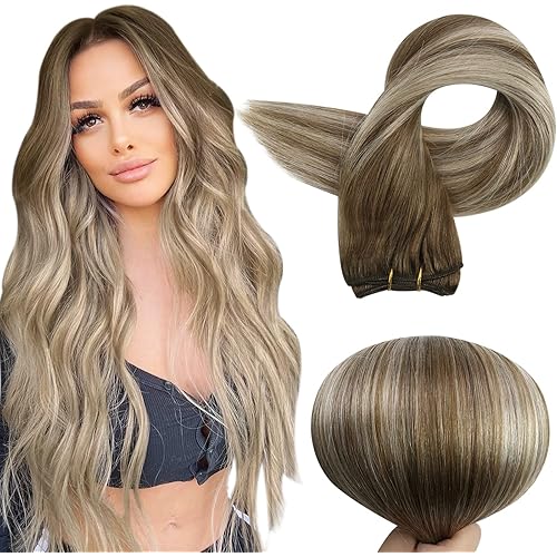 Full Shine Sew In Hair Extensions Real Human Hair Balayage Hair Extensions Real Human Hair Color Chestnut Brown To Platinum Blonde Mix Brown Weft Hair Extensions Human Hair Double Weft 105G 16 Inch