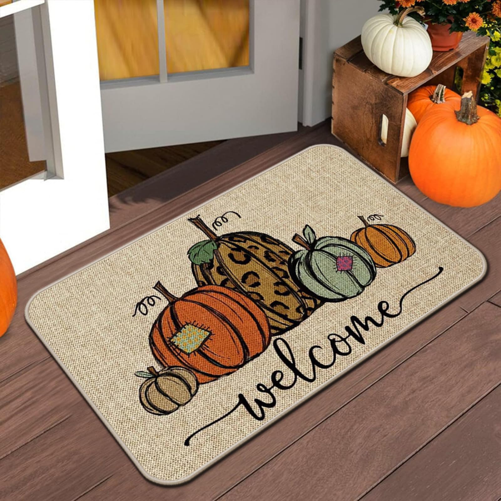 Felpudo Entrada Casa Calabaza Verde Naranja Alfombra Salon Lavable Alfombra Entrada Casa Exterior Poliéster Felpudo Exterior Suave Alfombras de Salon Antideslizante Alfombras de Habitacion 100x150cm