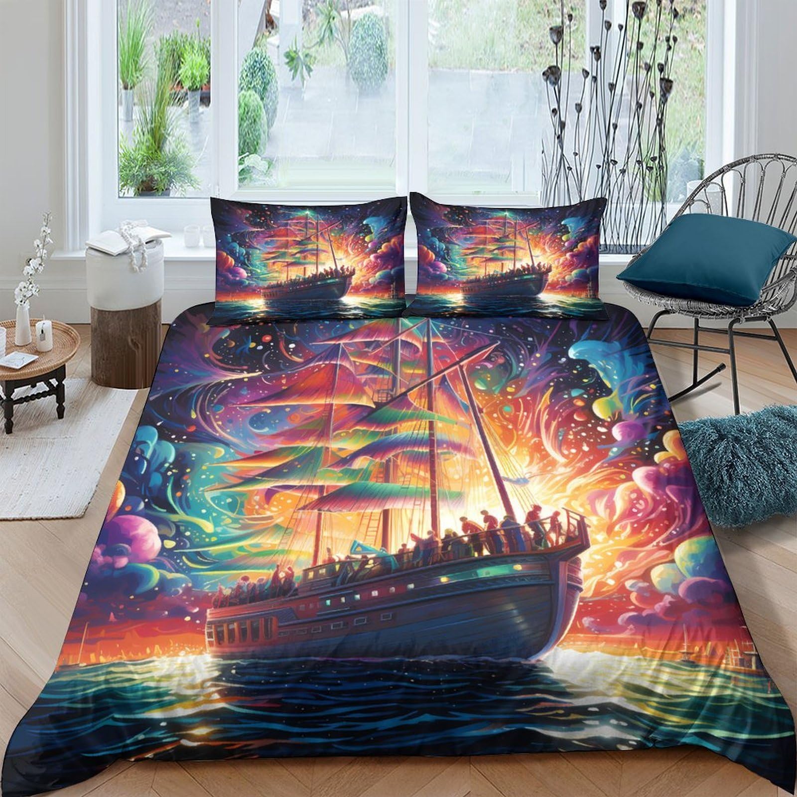 Ctjqhvkz Style-10 3D Printed Sunset Ocean Ship Fitted Sheet Microfiber Soft Mattress Cover For Bedroom Guest Room Artistic Decor Single（135X200cm）