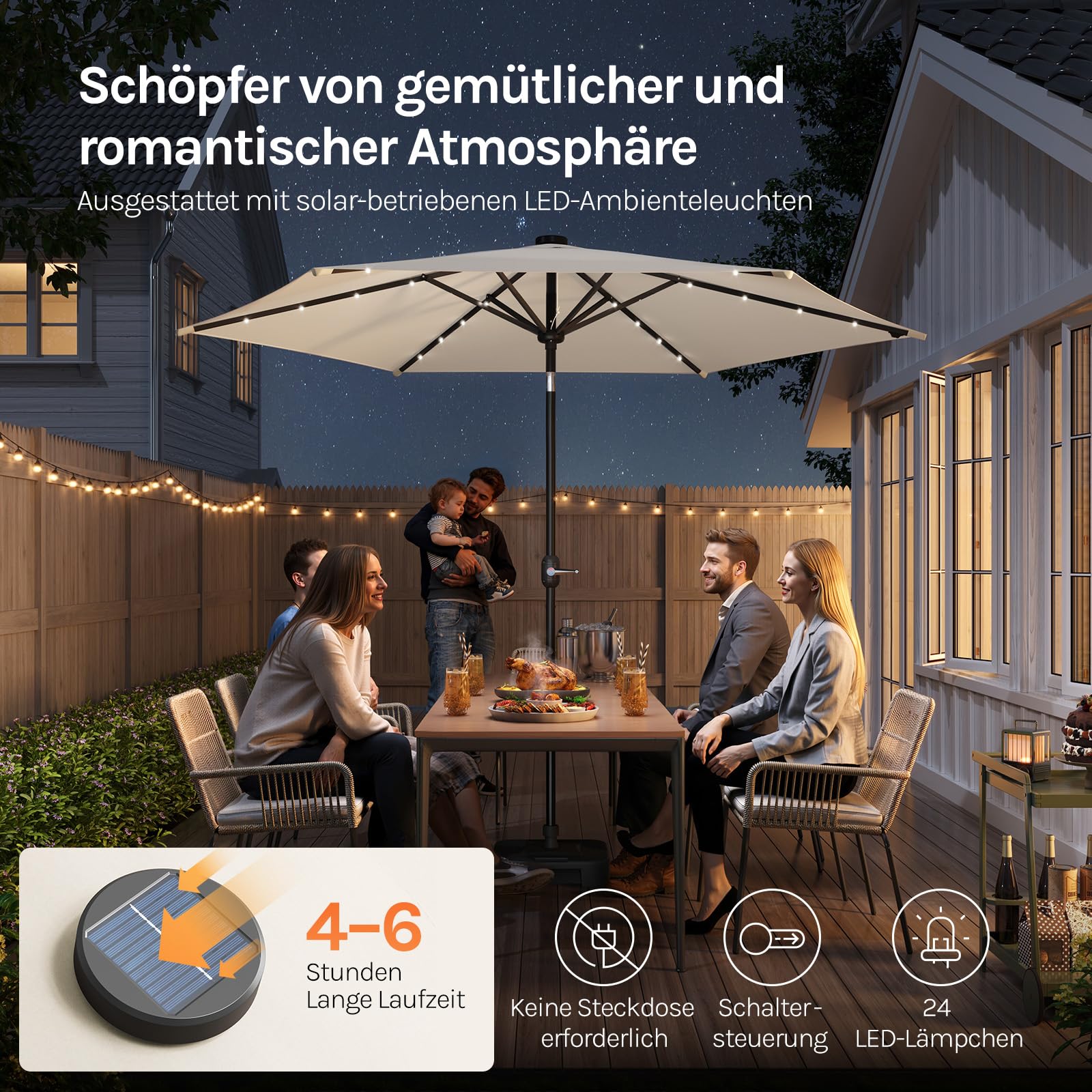 WOLTU Sonnenschirm 300 cm mit Led-Solar-Beleuchtung, UV-Schutz 50+, Gartensonnenschirm neigbar, mit Schutzhülle Kurbel, für Balkon Garten Terrasse, Beige
